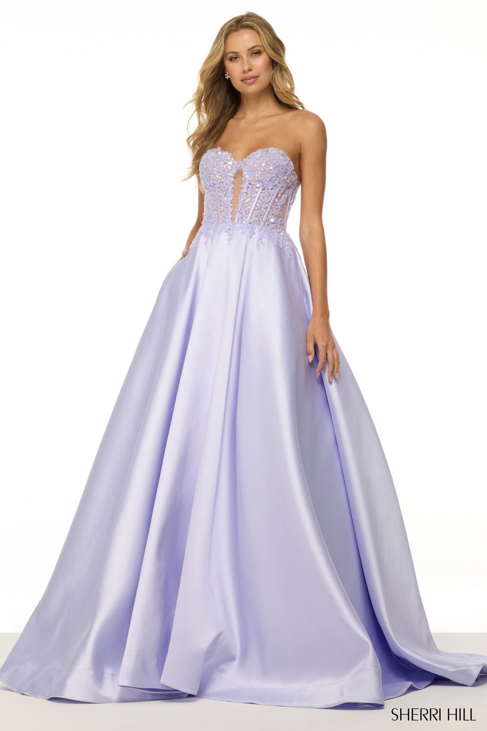 Sherri Hill 57147 prom dress images.  Sherri Hill 57147 is available in these colors: Fuchsia, Yellow, Navy, Ivory, Black, Red, Periwinkle, Light Blue, Lilac.