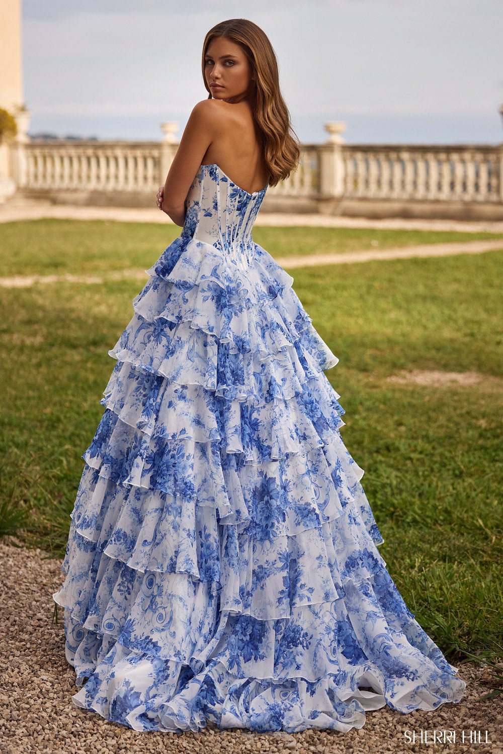 Sherri Hill 57250 prom dress images.  Sherri Hill 57250 is available in these colors: Ivory Blue Print.