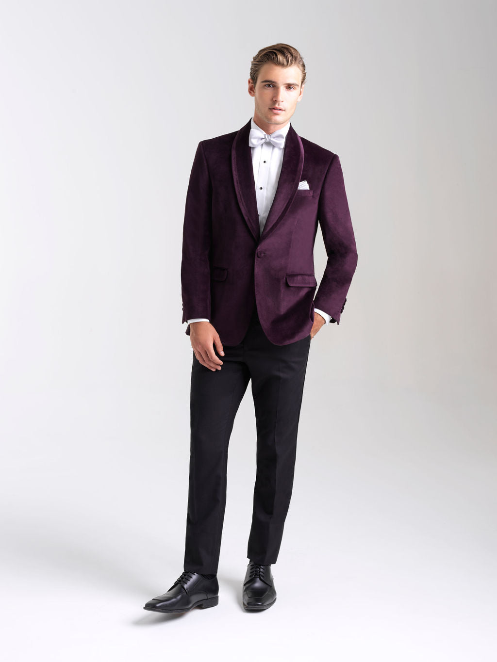 Aubergine Venice Velvet Jacket is an Ultra Slim one button shawl lapel jacket with double vents to show off a tailored fit