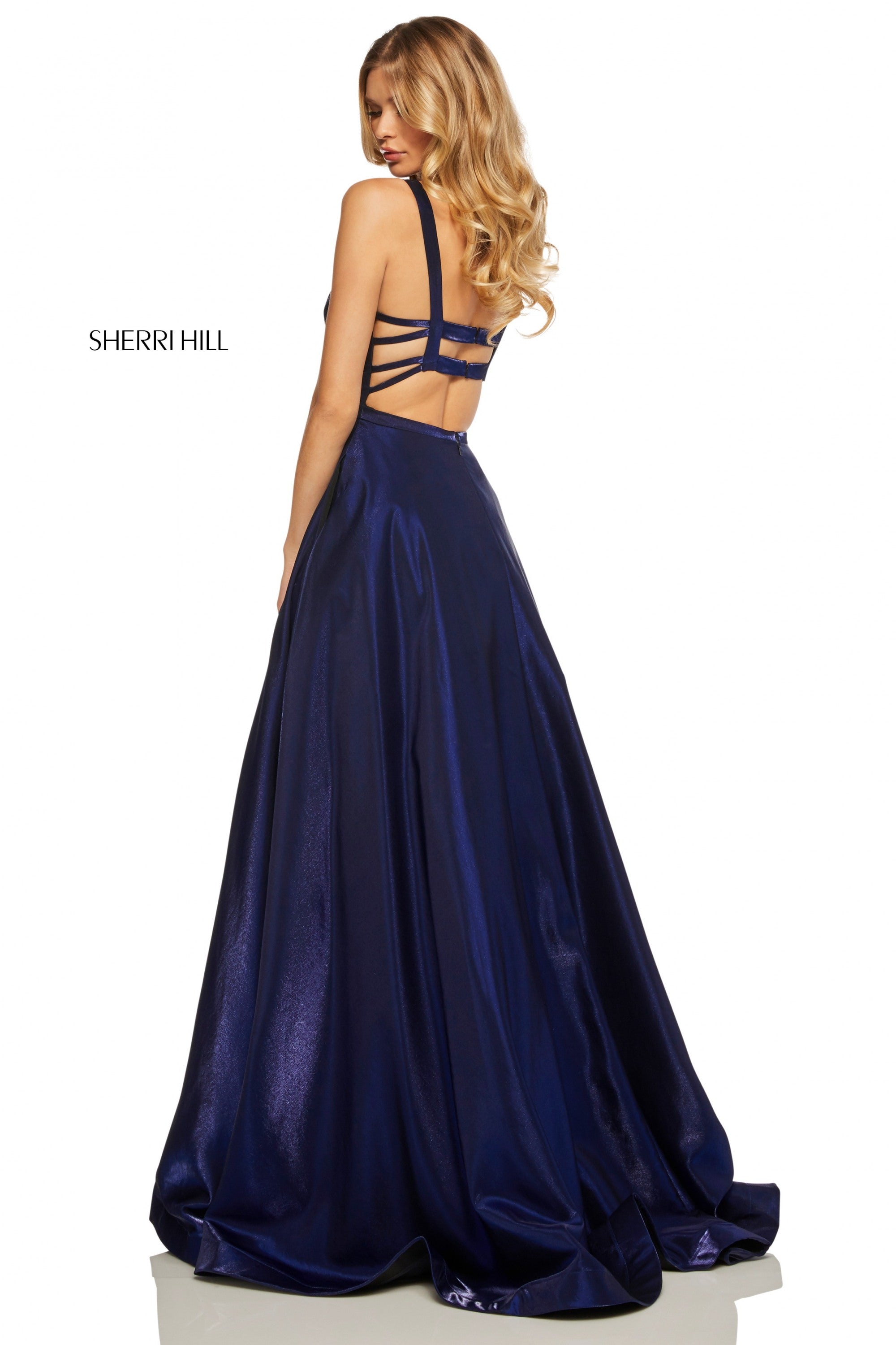 Sherri Hill 52457 prom dress images.  Sherri Hill 52457 is available in these colors: Yellow; Royal; Navy; Teal; Wine; Dark Purple; Rose.