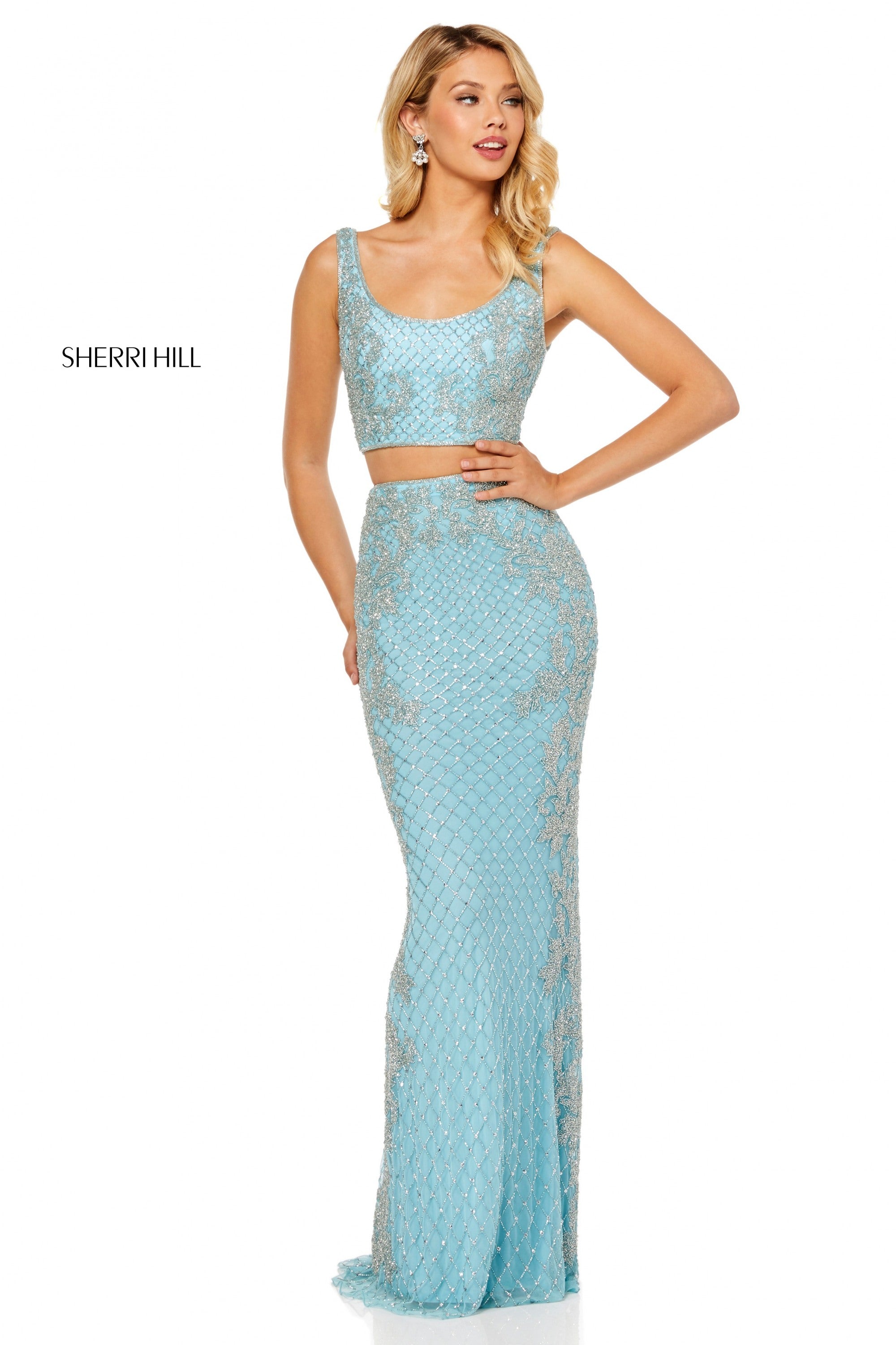 Sherri Hill 52686 prom dress images.  Sherri Hill 52686 is available in these colors: Light Blue; Burgundy; Ivory; Periwinkle; Black.