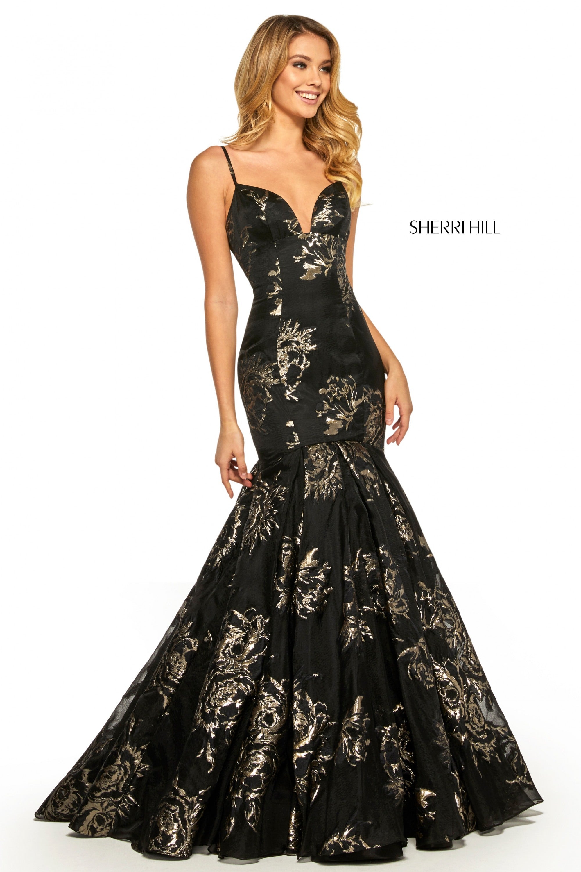 Sherri Hill 52951 prom dress images.  Sherri Hill 52951 is available in these colors: Ivory Gold; Black Gold.