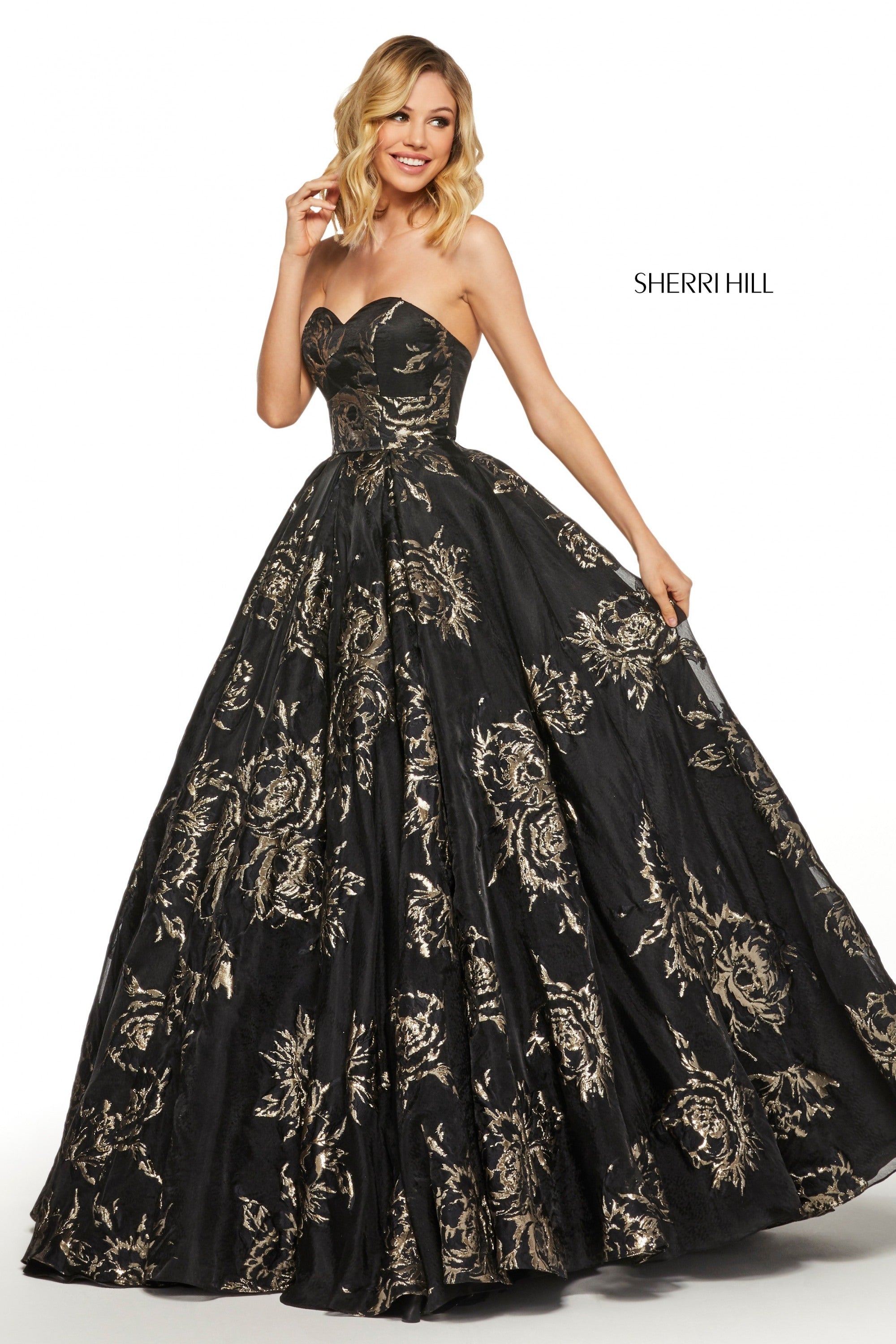 Sherri Hill 52952 prom dress images.  Sherri Hill 52952 is available in these colors: Ivory Gold; Black Gold.