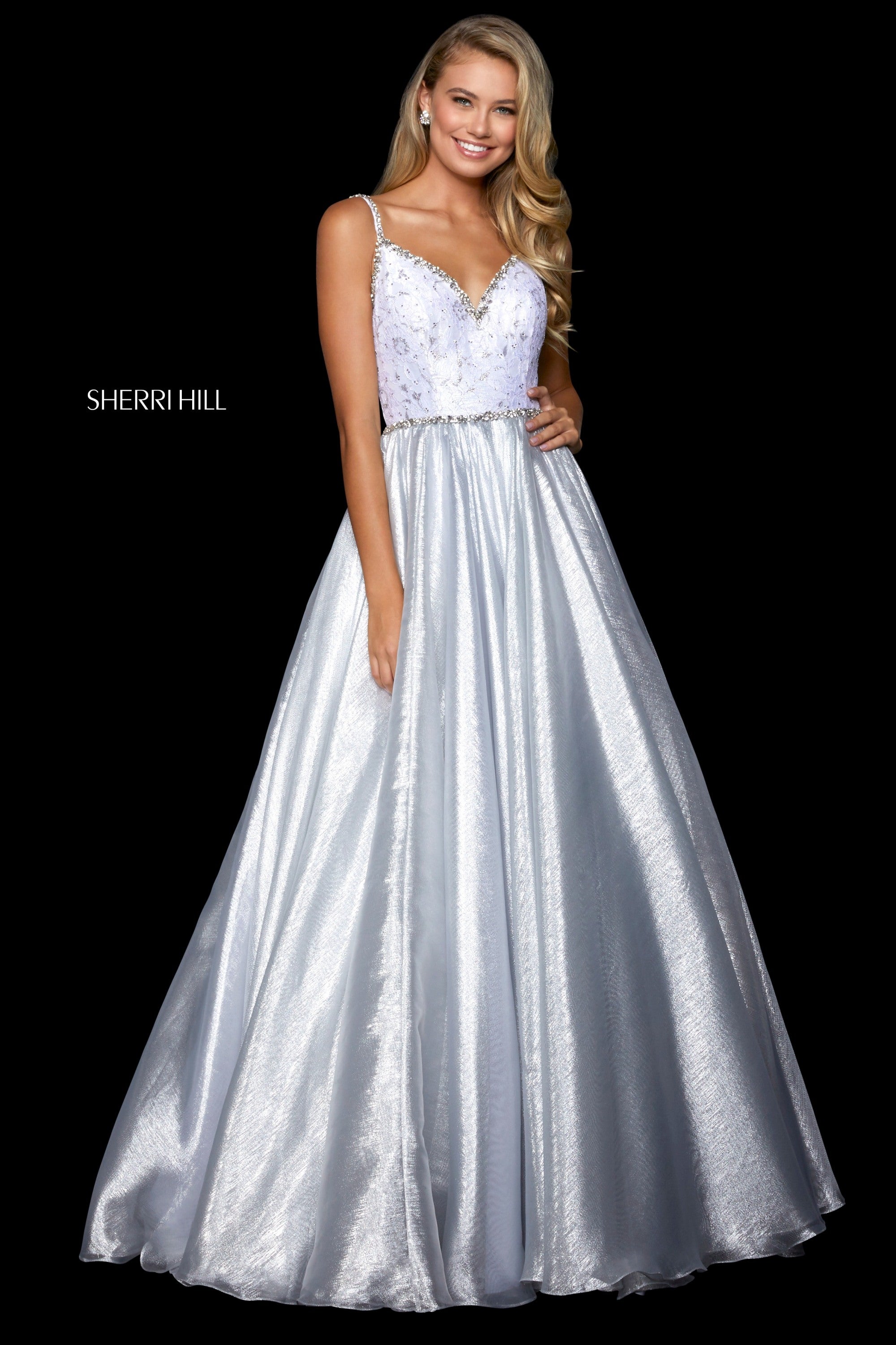 Sherri Hill 52994 prom dress images.  Sherri Hill 52994 is available in these colors: Silver; Red; Black.