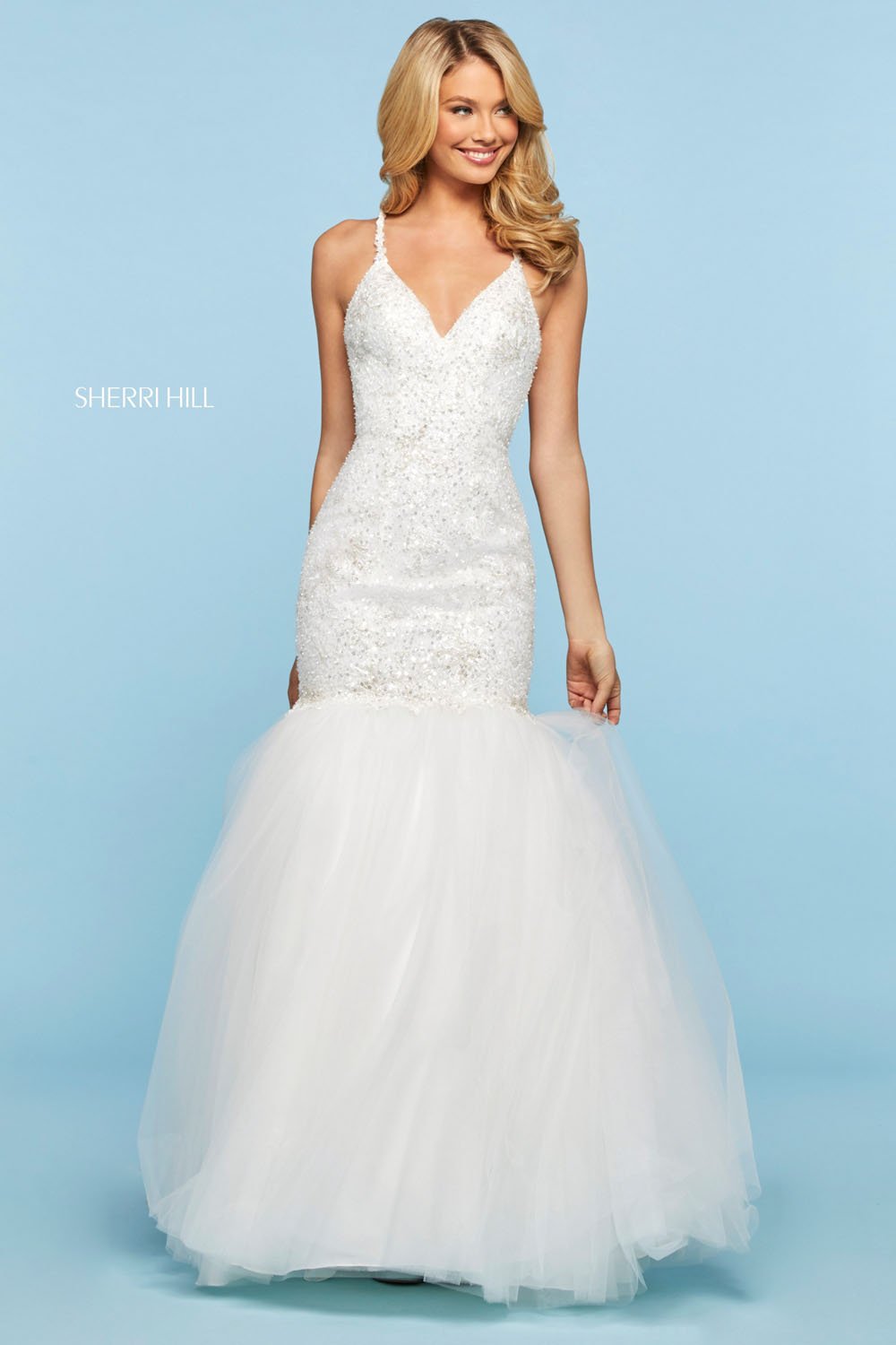 Sherri Hill 53538 prom dress images.  Sherri Hill 53538 is available in these colors: Ivory, Blush, Black, Light Blue.