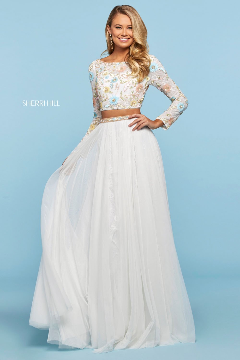 Sherri Hill 53553 prom dress images.  Sherri Hill 53553 is available in these colors: Nude Multi, Light Blue Multi, Light Yellow Multi, Lilac Multi, Ivory Multi.