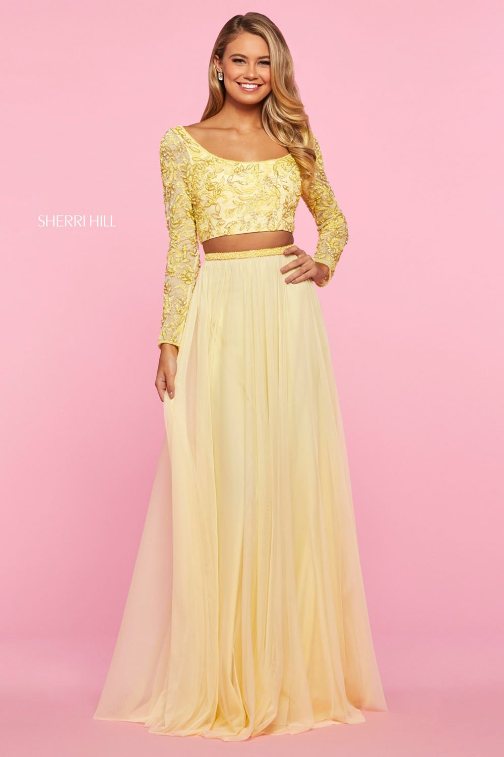 Sherri Hill 53559 prom dress images.  Sherri Hill 53559 is available in these colors: Nude Ivory, Light Blue, Yellow, Blush.