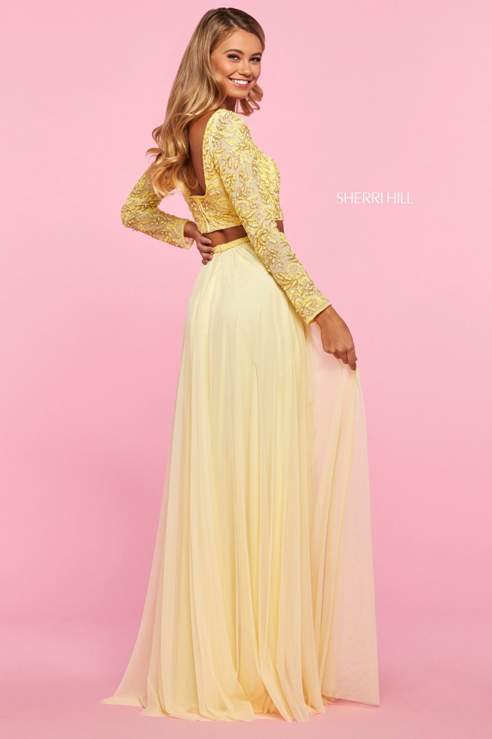 Sherri Hill 53559 prom dress images.  Sherri Hill 53559 is available in these colors: Nude Ivory, Light Blue, Yellow, Blush.