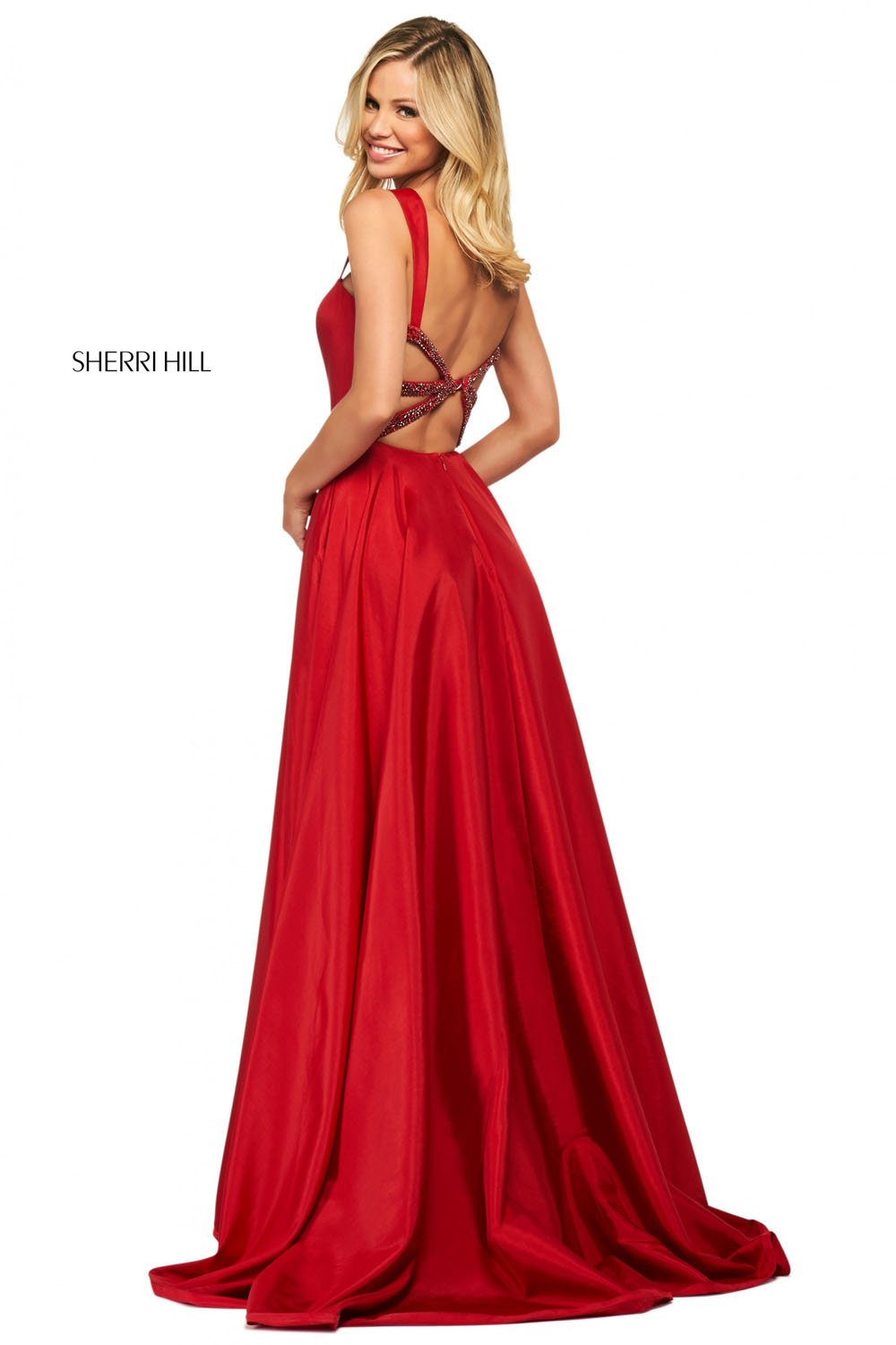 Sherri Hill 53561 prom dress images.  Sherri Hill 53561 is available in these colors: Royal, Pink, Aqua, Red, Coral, Yellow, Navy, Black, Wine, Emerald, Orange.