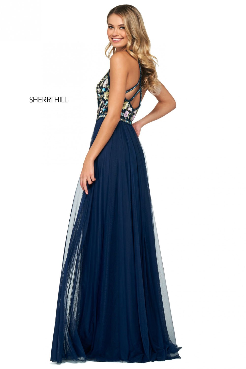 Sherri Hill 53803 prom dress images.  Sherri Hill 53803 is available in these colors: Nude Multi, Black Multi, Blush Multi, Light Blue Multi, Navy Multi, Yellow Multi, Periwinkle Multi, Ivory Multi.