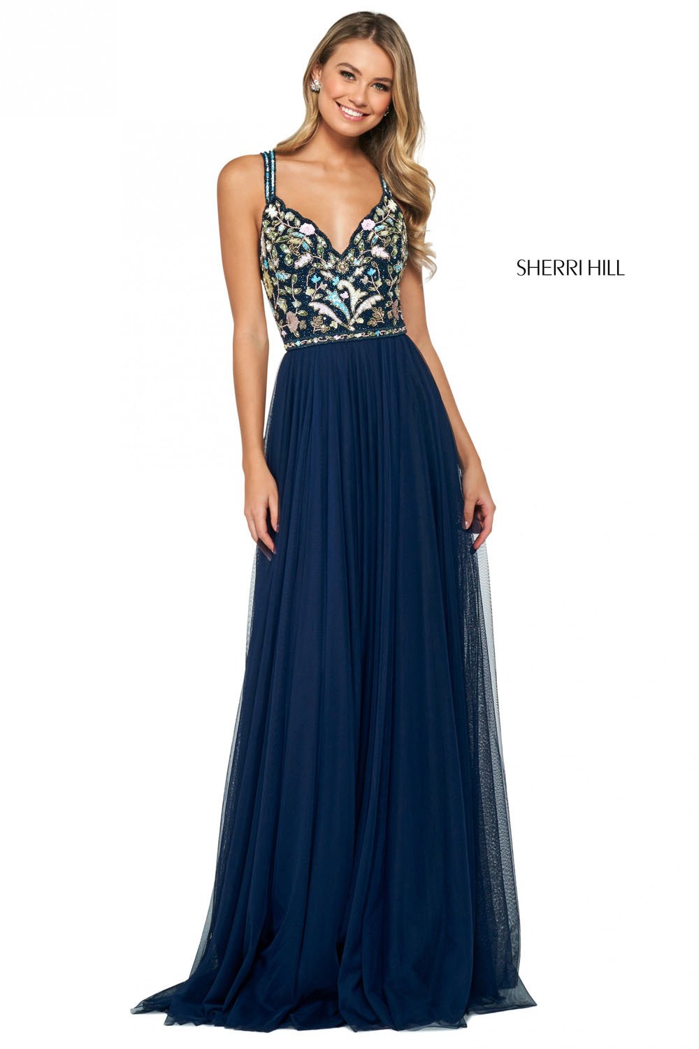 Sherri Hill 53803 prom dress images.  Sherri Hill 53803 is available in these colors: Nude Multi, Black Multi, Blush Multi, Light Blue Multi, Navy Multi, Yellow Multi, Periwinkle Multi, Ivory Multi.