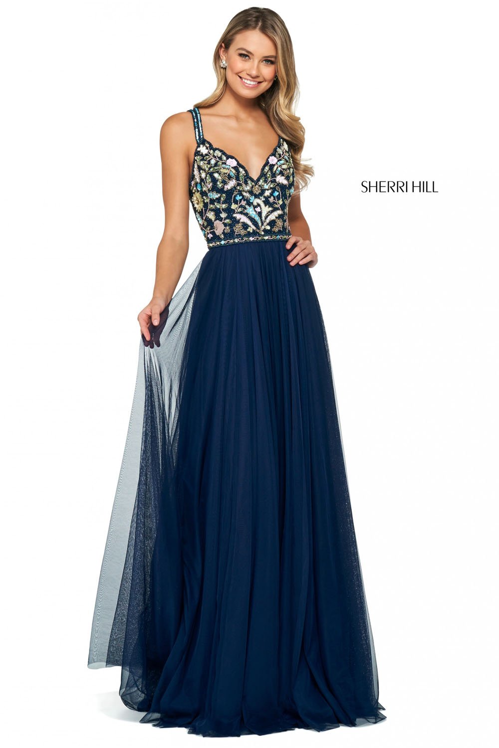 Sherri Hill 53803 prom dress images.  Sherri Hill 53803 is available in these colors: Nude Multi, Black Multi, Blush Multi, Light Blue Multi, Navy Multi, Yellow Multi, Periwinkle Multi, Ivory Multi.