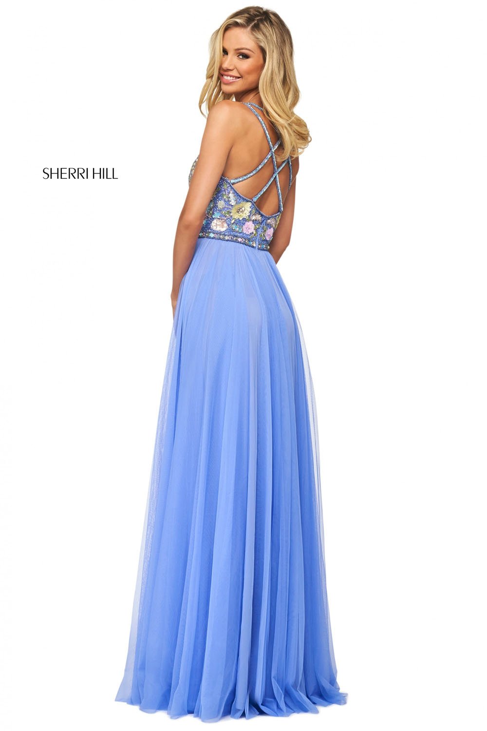 Sherri Hill 53803 prom dress images.  Sherri Hill 53803 is available in these colors: Nude Multi, Black Multi, Blush Multi, Light Blue Multi, Navy Multi, Yellow Multi, Periwinkle Multi, Ivory Multi.