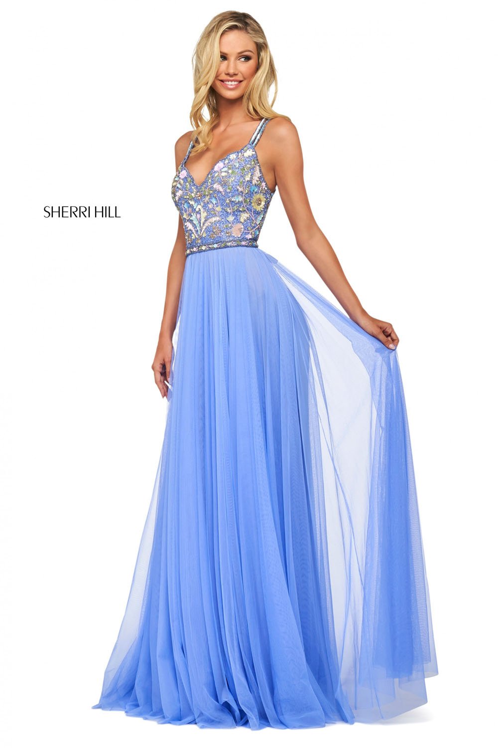 Sherri Hill 53803 prom dress images.  Sherri Hill 53803 is available in these colors: Nude Multi, Black Multi, Blush Multi, Light Blue Multi, Navy Multi, Yellow Multi, Periwinkle Multi, Ivory Multi.