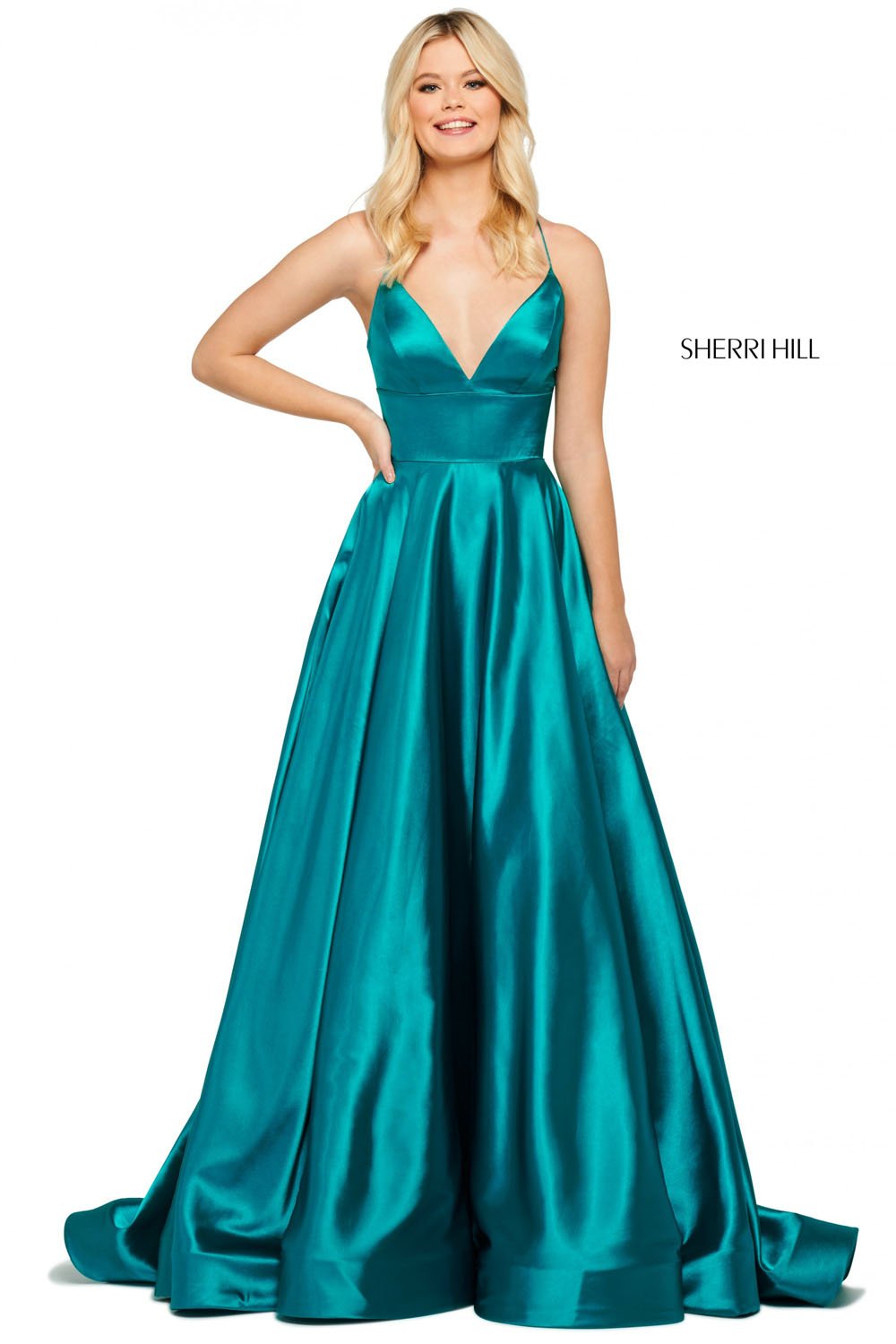 Sherri Hill 53885 prom dress images.  Sherri Hill 53885 is available in these colors: Black, Bright Pink, Ivory, Teal, Coral, Emerald, Lilac, Yellow, Red, Mocha, Gunmetal, Royal.