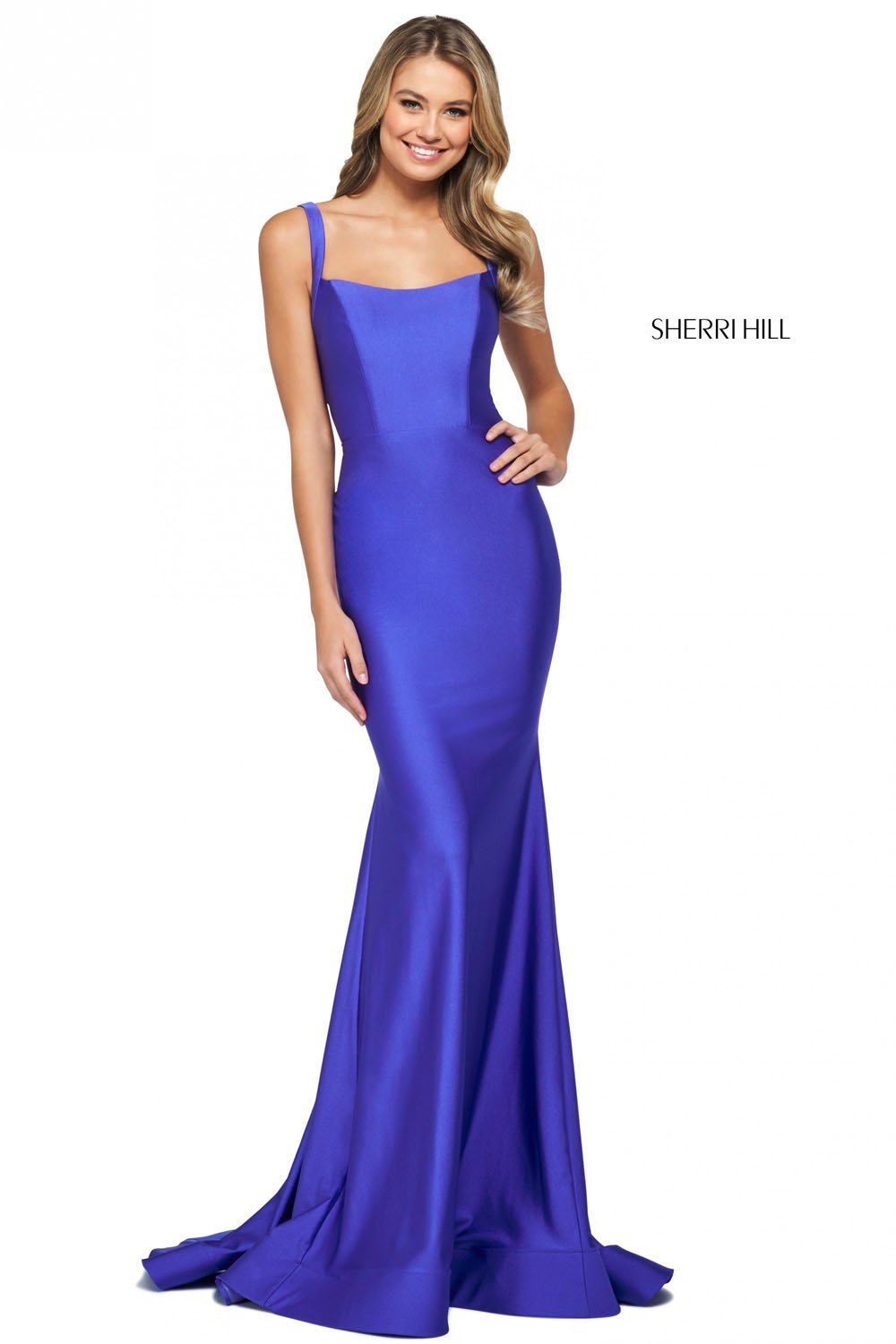 Sherri Hill 53906 prom dress images.  Sherri Hill 53906 is available in these colors: Dark Coral, Fuchsia, Dark Periwinkle, Red, Black, Navy, Turquoise, Royal, Emerald, Ruby.