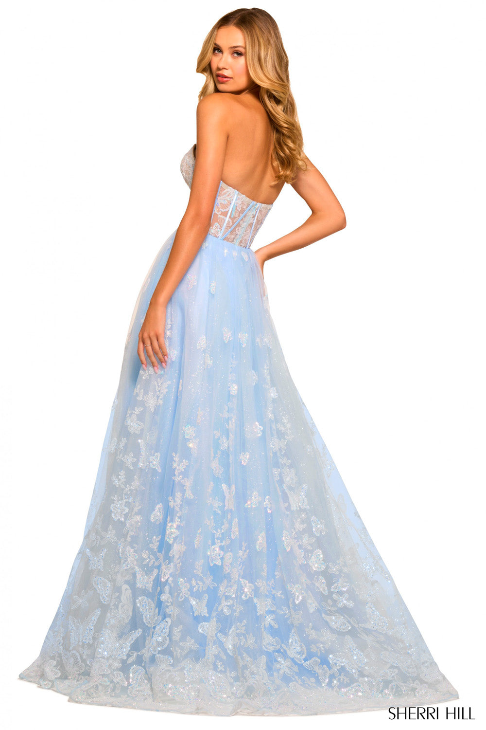 Sherri Hill 55310 prom dress images. Sherri Hill 55310 is available in these colors: Light Blue, Light Pink, Lilac, Ivory.