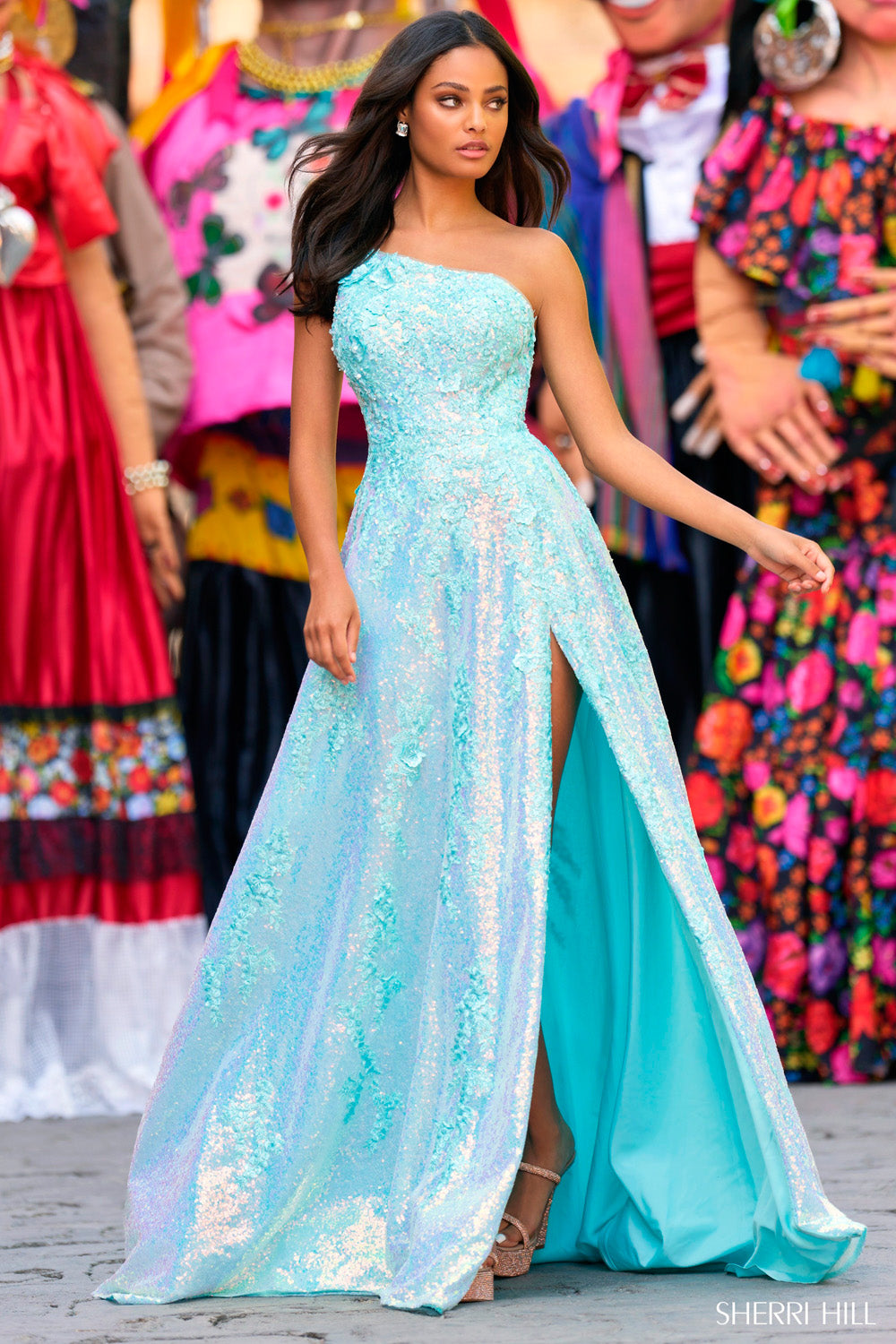 Sherri Hill 55342 prom dress images.  Sherri Hill 55342 is available in these colors: Ivory, Lilac, Light Blue, Aqua, Blush.