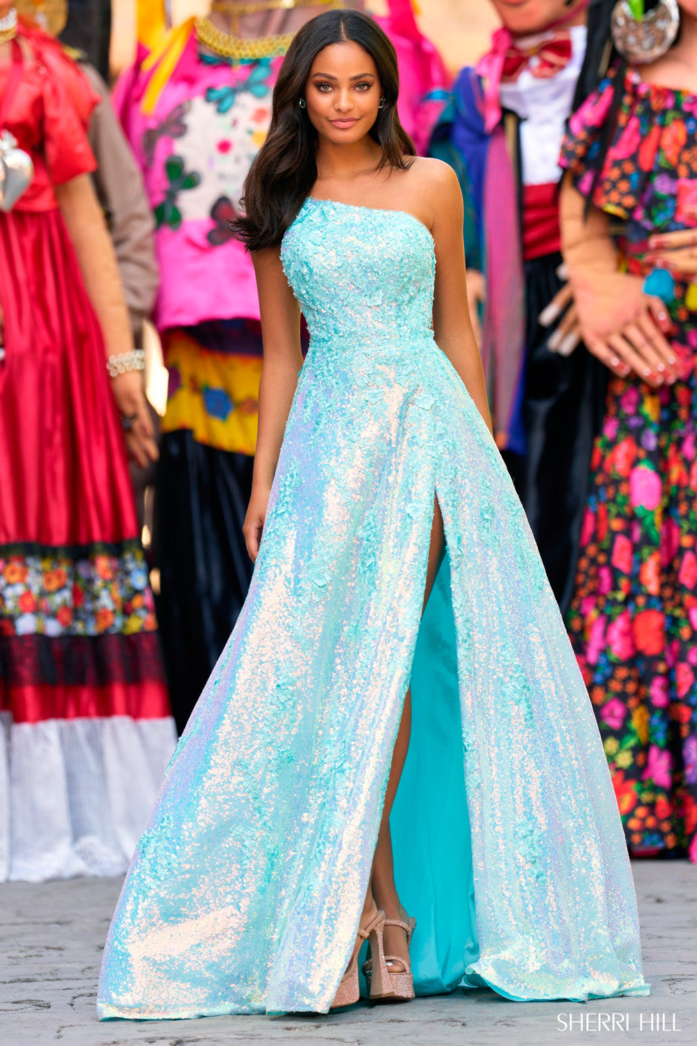 Sherri Hill 55342 prom dress images.  Sherri Hill 55342 is available in these colors: Ivory, Lilac, Light Blue, Aqua, Blush.