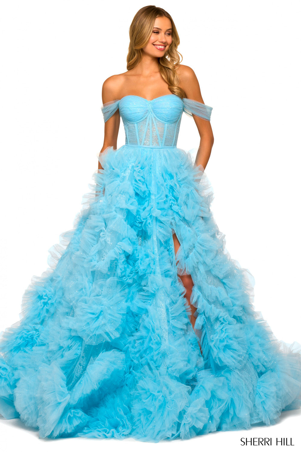 Sherri Hill 55438 prom dress images.  Sherri Hill 55438 is available in these colors: Light Blue, Red, Black, Ivory, Pink, Periwinkle.