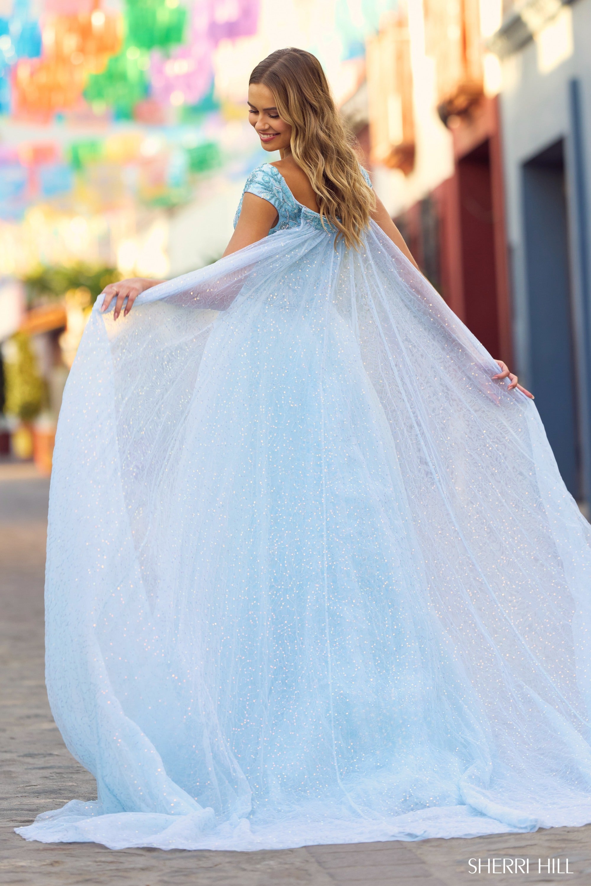 Sherri Hill 55451 prom dress images.  Sherri Hill 55451 is available in these colors: Ivory, Light Pink, Black, Red, Light Blue.