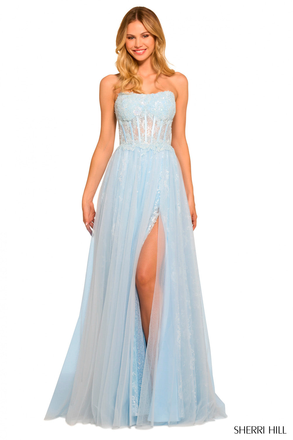 Sherri Hill 55489 prom dress images.  Sherri Hill 55489 is available in these colors: Blush, Black, Ivory, Red, Light Blue.