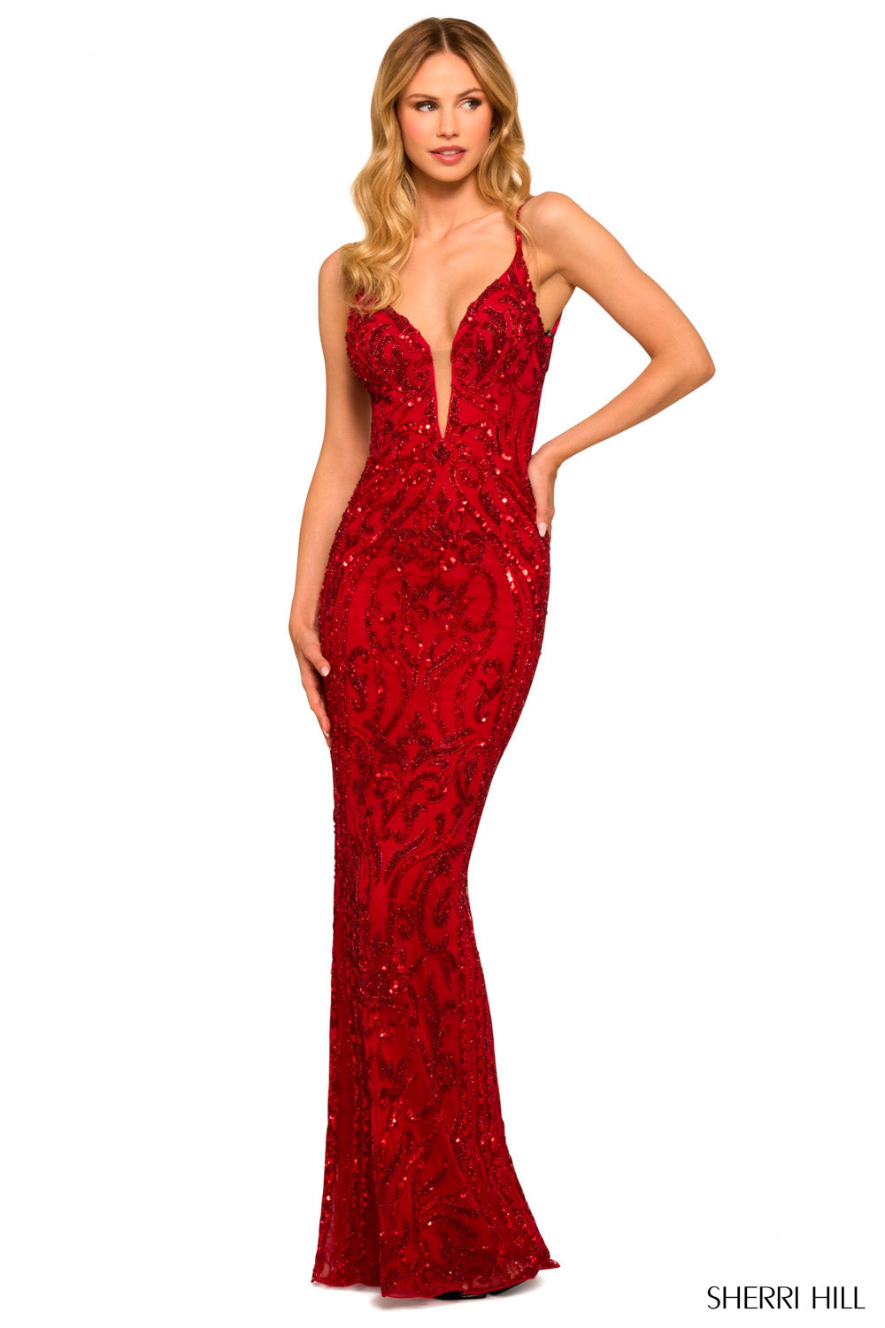 Sherri Hill 55513 prom dress images.  Sherri Hill 55513 is available in these colors: Red.