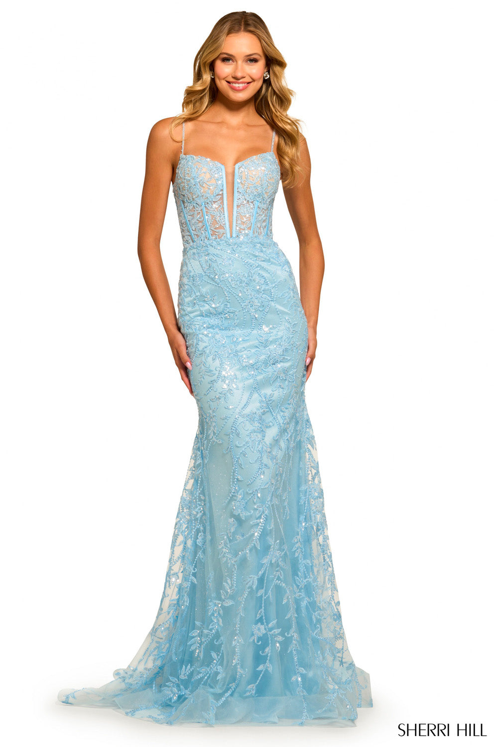 Sherri Hill 55526 prom dress images.  Sherri Hill 55526 is available in these colors: Red, Pink, Ivory, Light Blue.