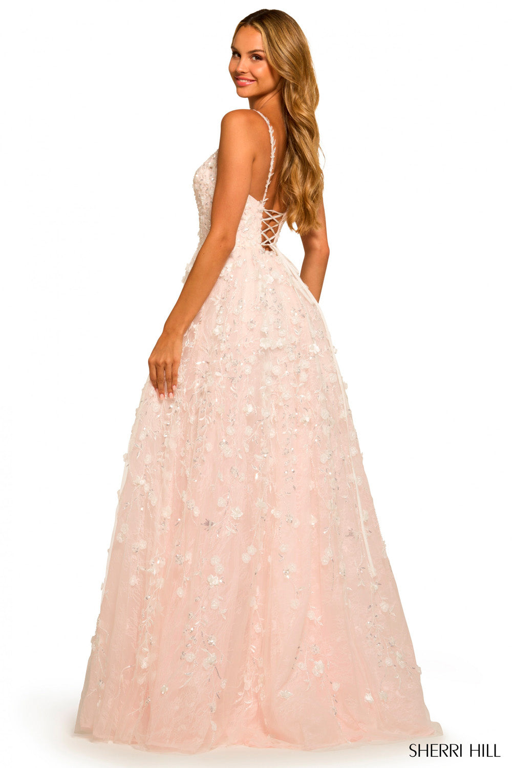 Sherri Hill 55529 prom dress images.  Sherri Hill 55529 is available in these colors: Ivory Blue, Ivory Blush.