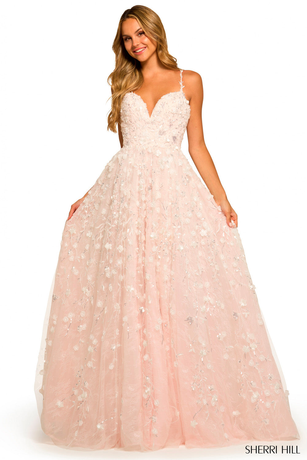 Sherri Hill 55529 prom dress images.  Sherri Hill 55529 is available in these colors: Ivory Blue, Ivory Blush.