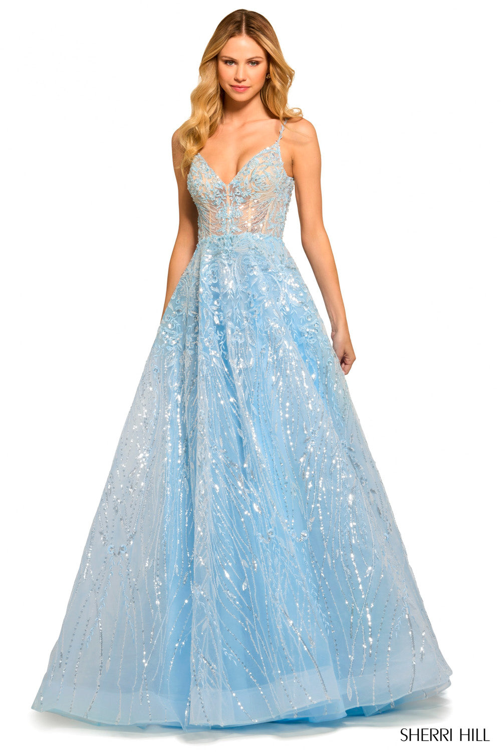 Sherri Hill 55532 prom dress images.  Sherri Hill 55532 is available in these colors: Light Blue, Blush, Ivory, Black.