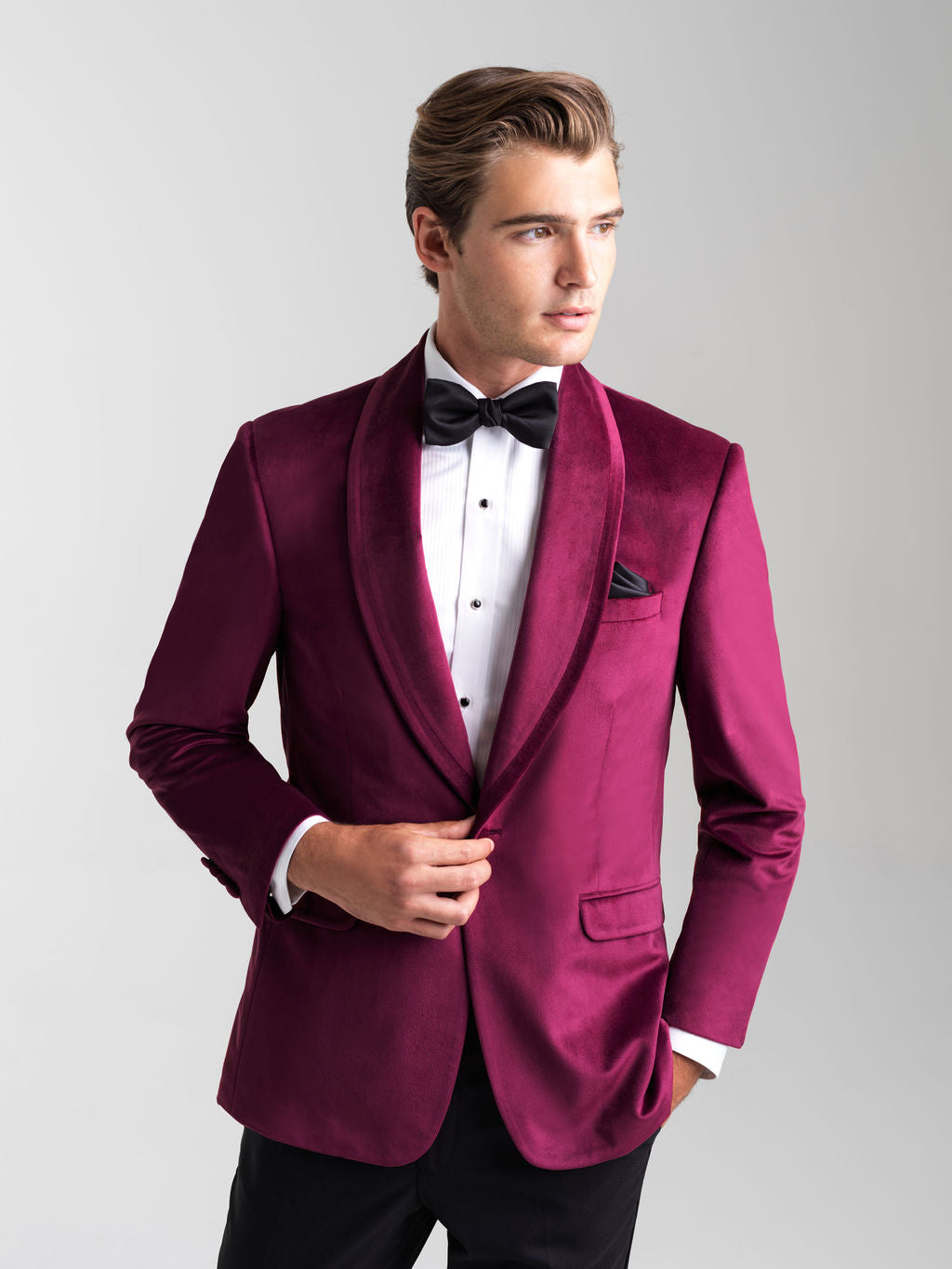 Cranberry Velvet Jacket is an Ultra Slim single button shawl lapel jacket with double vents to create a tailored fit