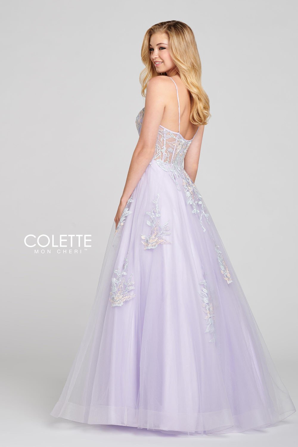 Colette CL12123 prom dress images.  Colette CL12123 is available in these colors: Sky Multi, Pink Multi, Lilac Multi.