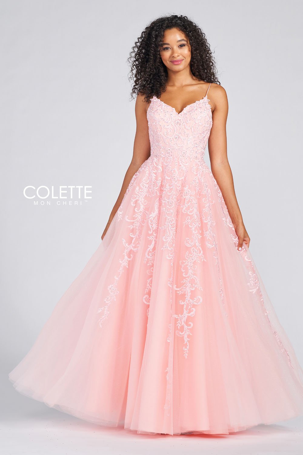 Colette CL12208 prom dress images.  Colette CL12208 is available in these colors: Platinum, Sky Blue, Baby Pink.