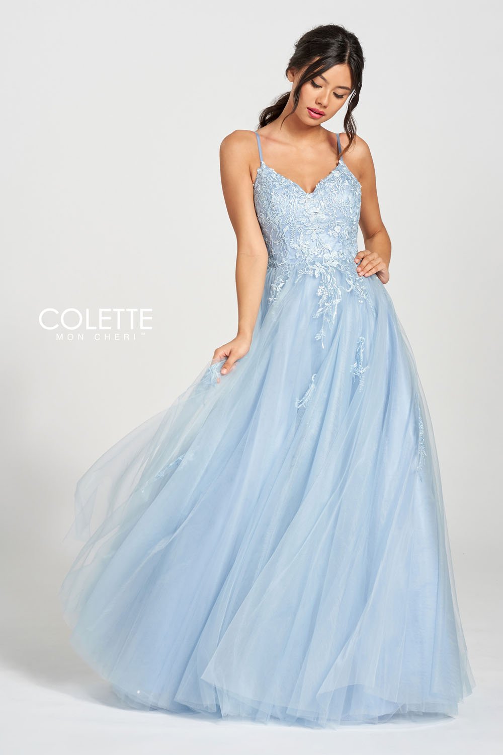 Colette CL12212 prom dress images.  Colette CL12212 is available in these colors: Orchid, Misty Blue.