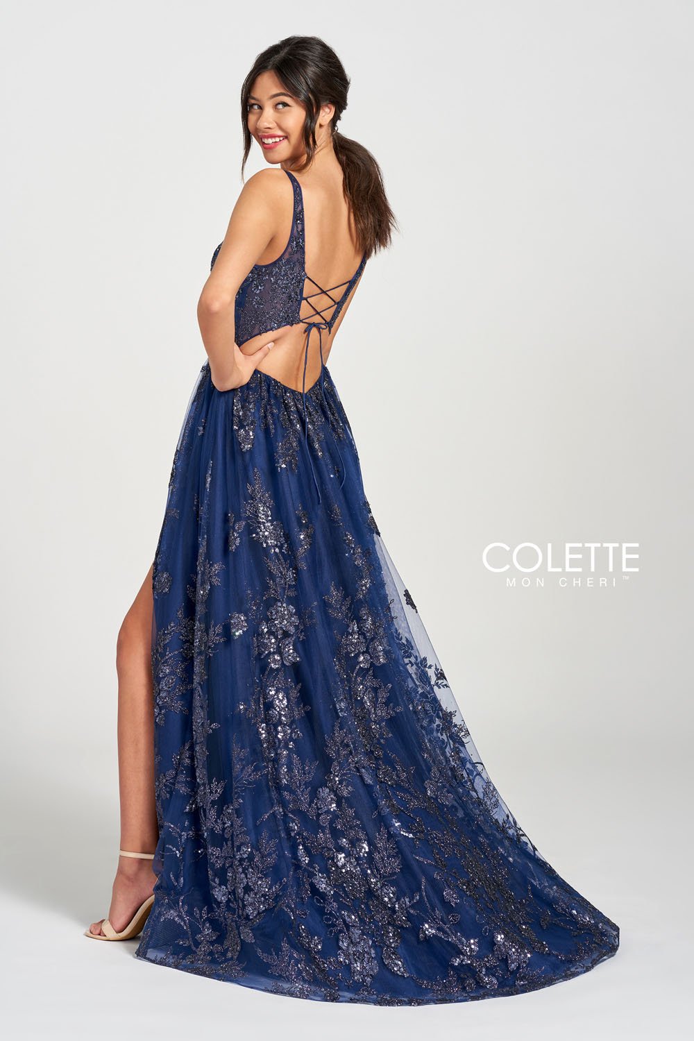 Colette CL12215 prom dress images.  Colette CL12215 is available in these colors: Navy Blue, Plum.