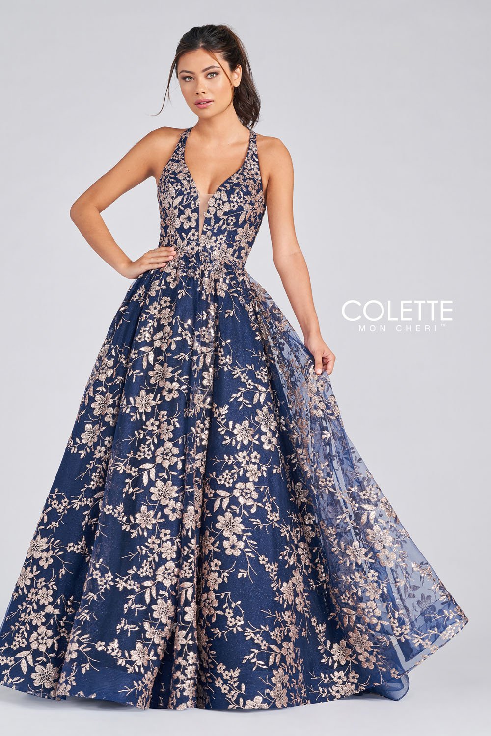 Colette CL12223 prom dress images.  Colette CL12223 is available in these colors: Bubblegum, Navy Blue Gold, Vintage Yellow.