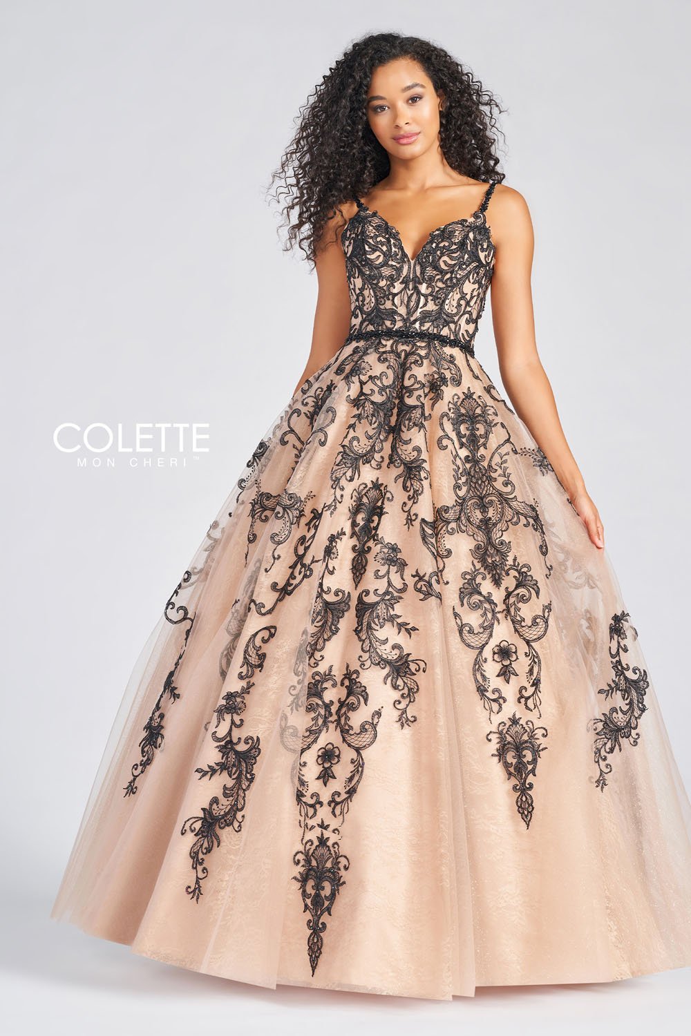 Colette CL12224 prom dress images.  Colette CL12224 is available in these colors: Black Champagne, Platinum Dusty Blue.