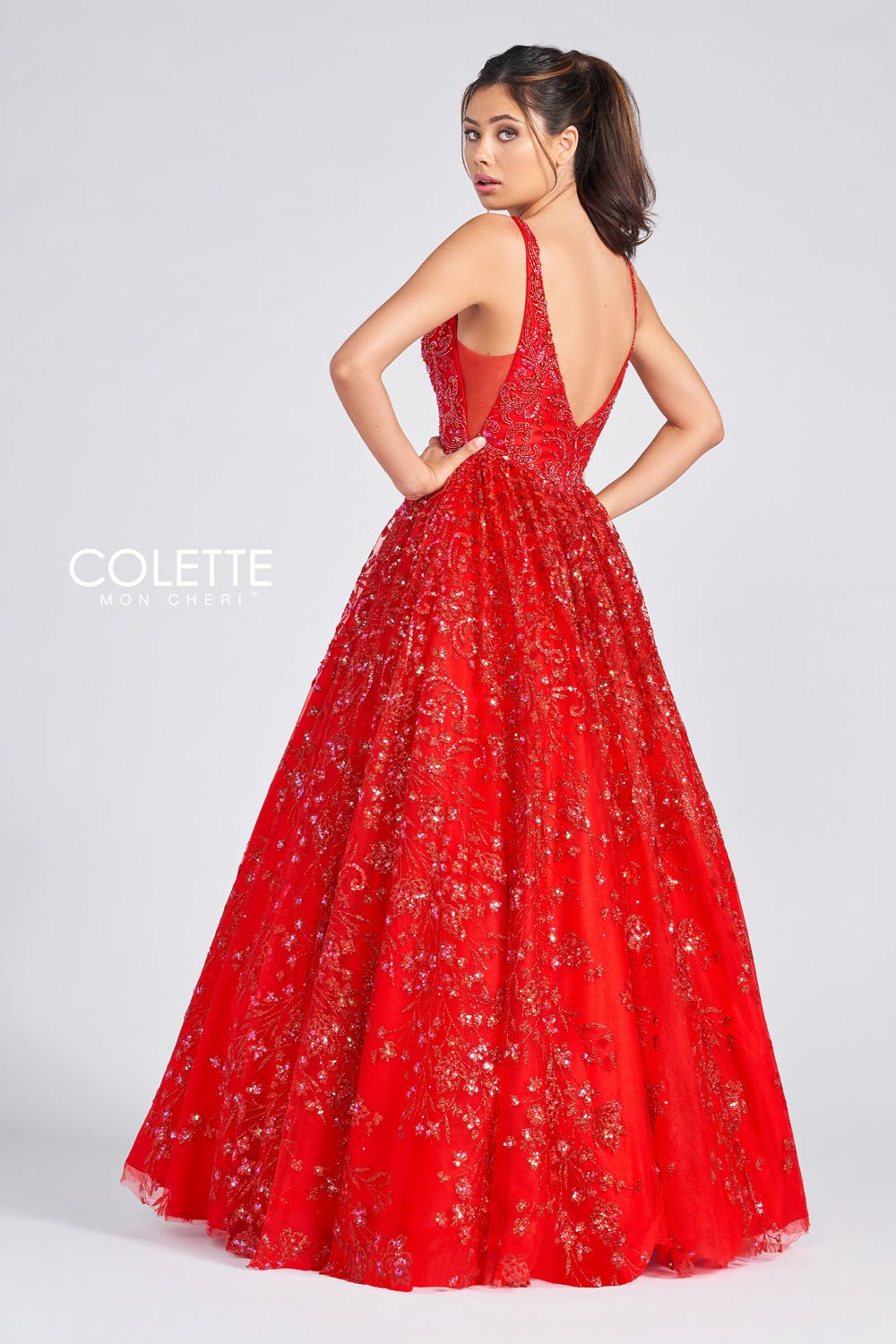 Colette CL12237 prom dress images.  Colette CL12237 is available in these colors: Silver, Red.