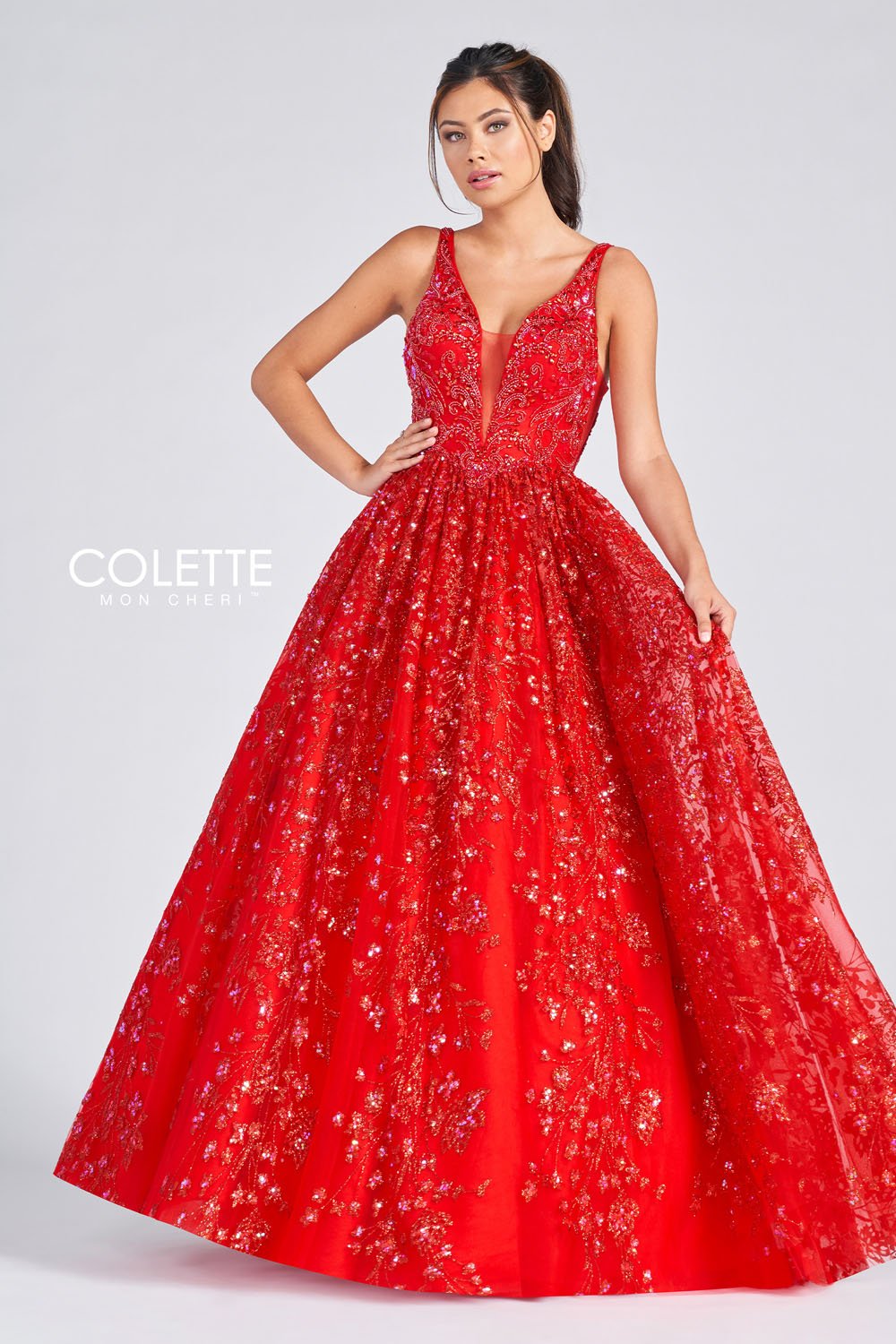 Colette CL12237 prom dress images.  Colette CL12237 is available in these colors: Silver, Red.