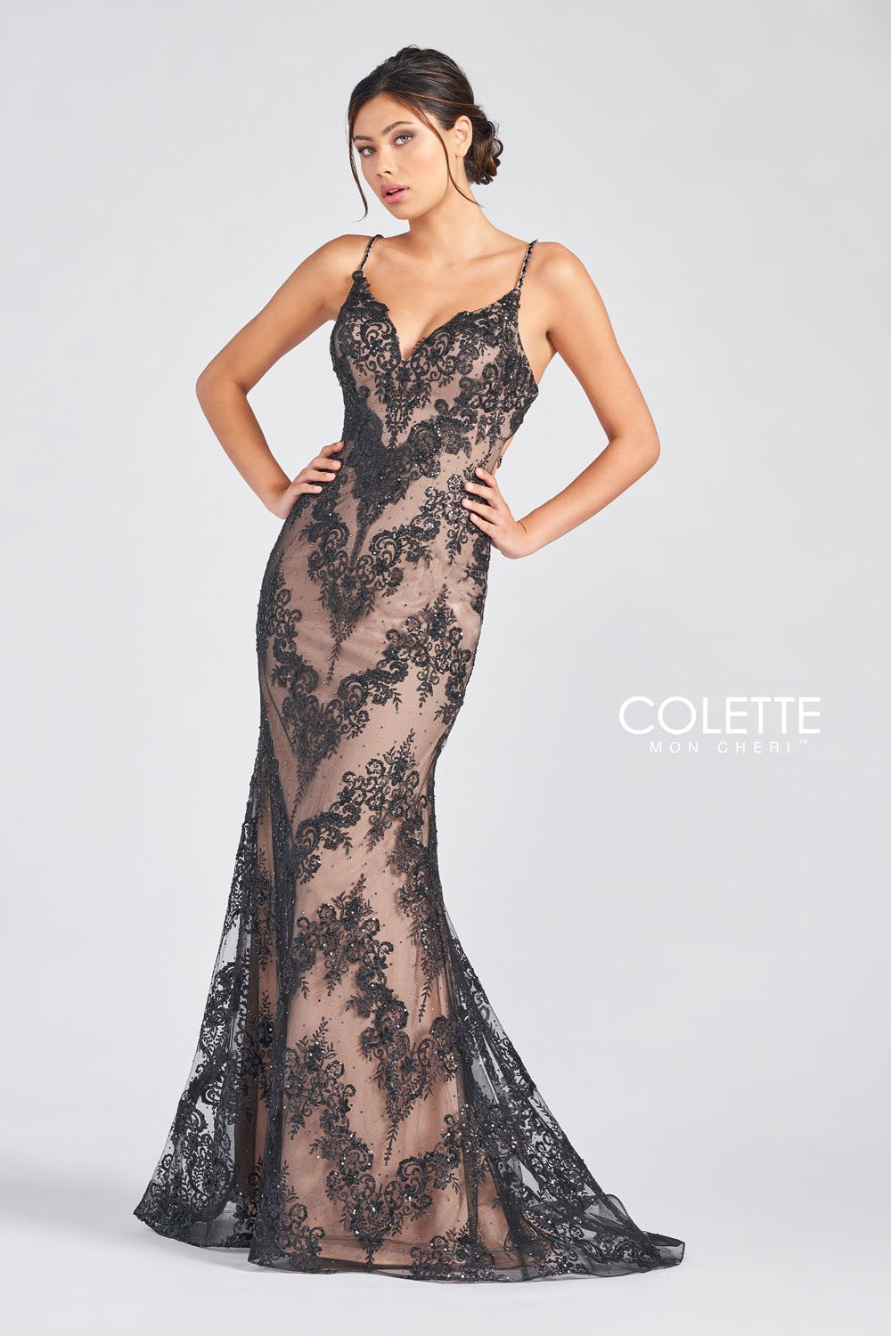 Colette CL12245 prom dress images.  Colette CL12245 is available in these colors: Black Nude, Rose Nude, Light Blue Nude.