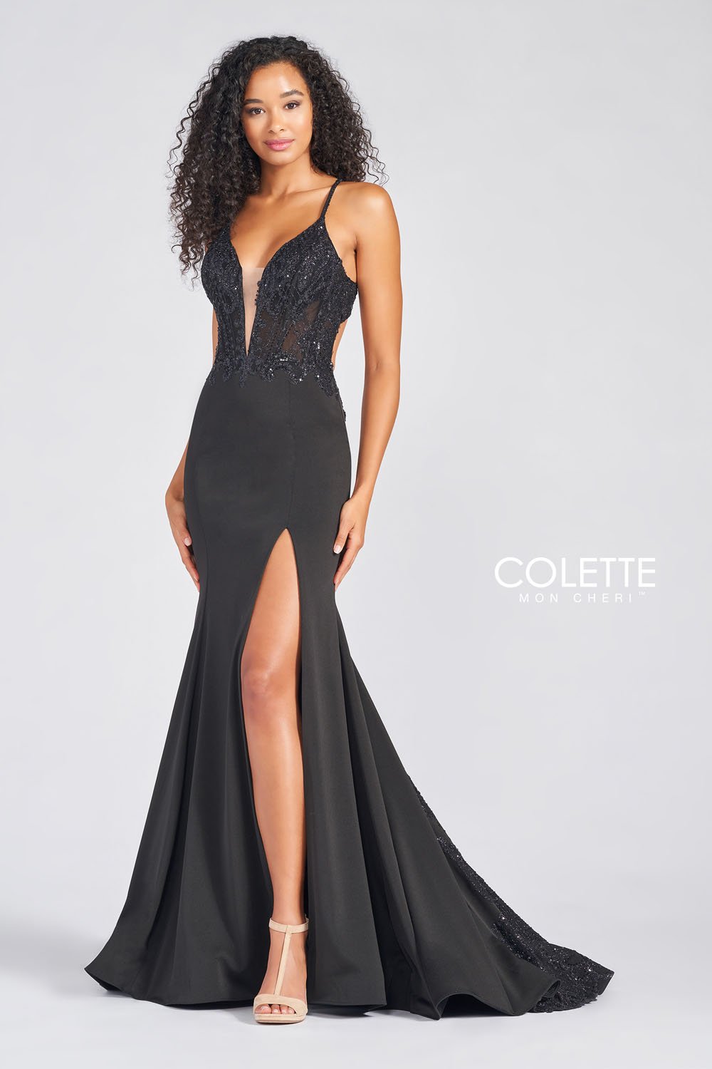 Colette CL12247 prom dress images.  Colette CL12247 is available in these colors: Black, Aqua Silver.