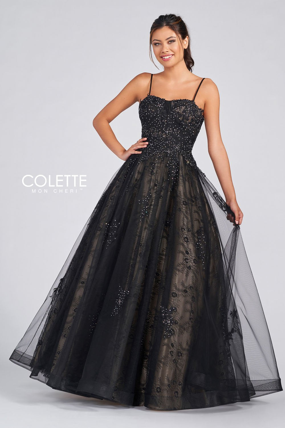 Colette CL12248 prom dress images.  Colette CL12248 is available in these colors: Crimson, Black Nude.