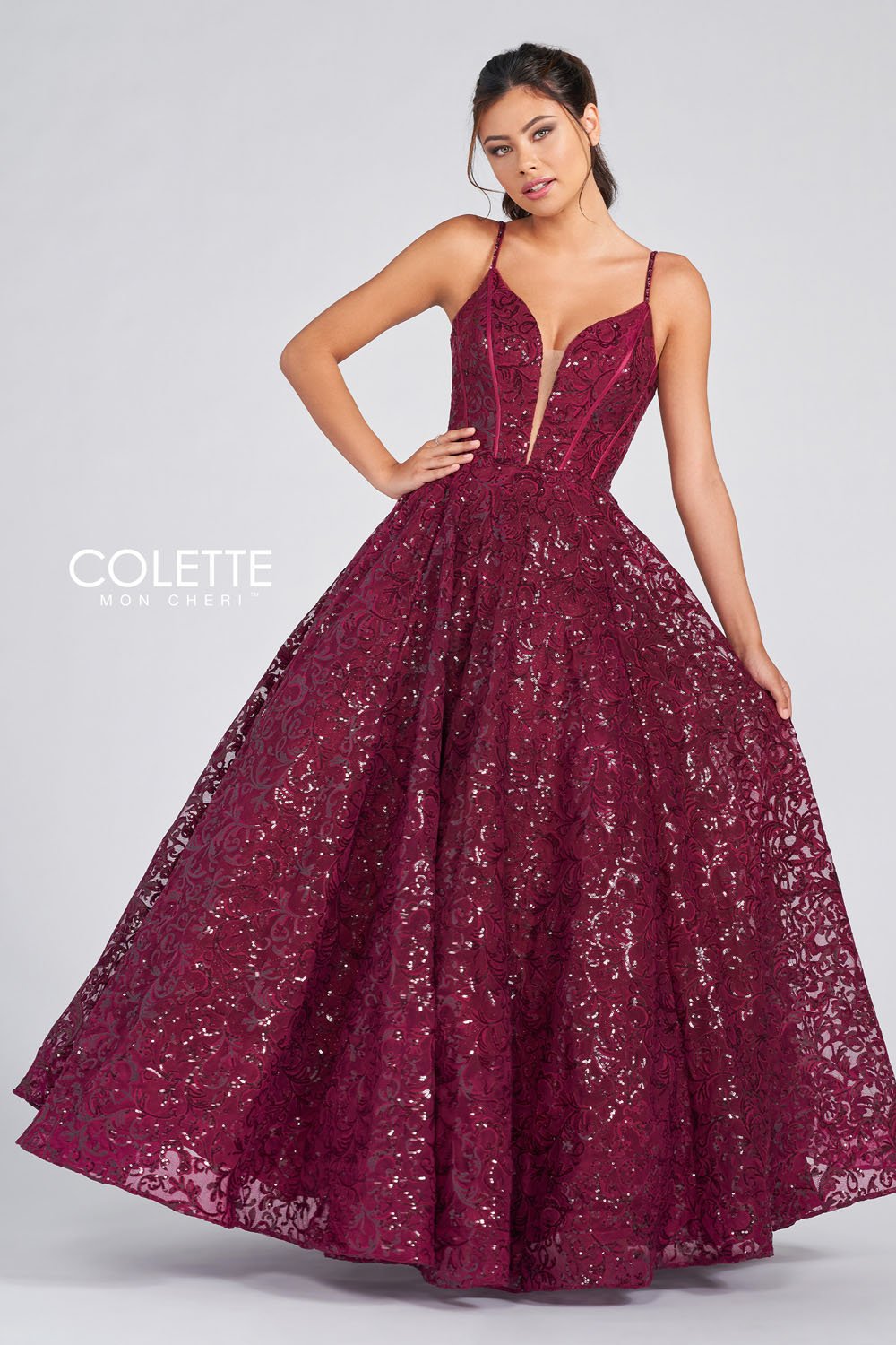 Colette CL12264 prom dress images.  Colette CL12264 is available in these colors: Forest Green, Plum, Cabernet.