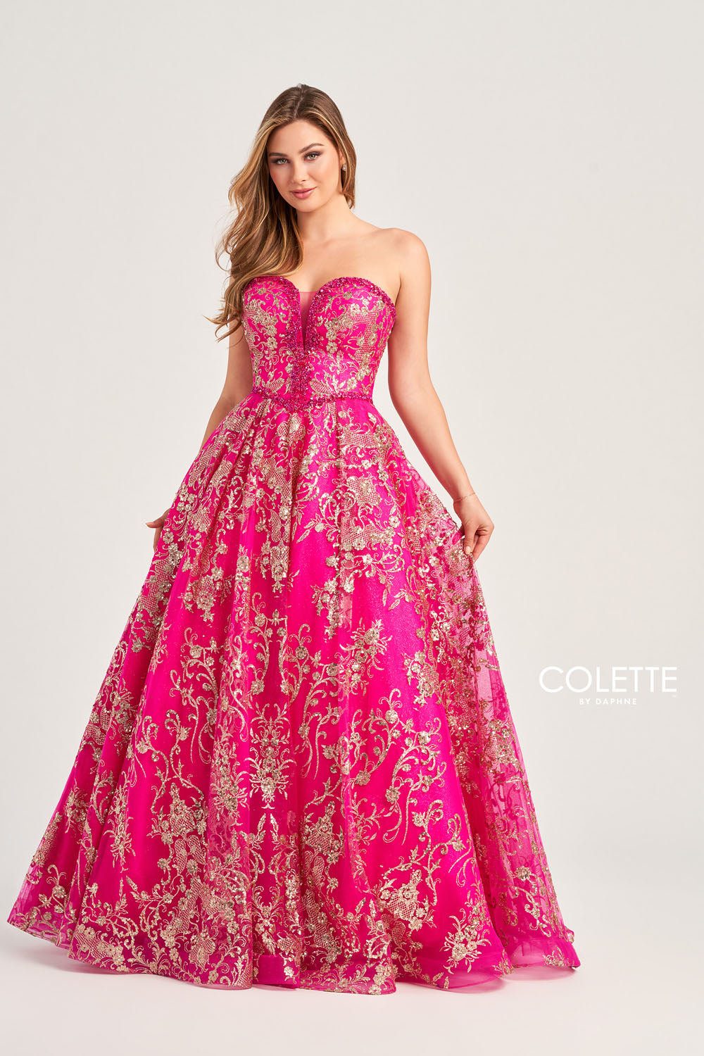 Colette CL5101 prom dress images.  Colette CL5101 is available in these colors: Navy Gold, Gold Pewter, Gold White, Fuchsia Gold, Turquoise Gold.