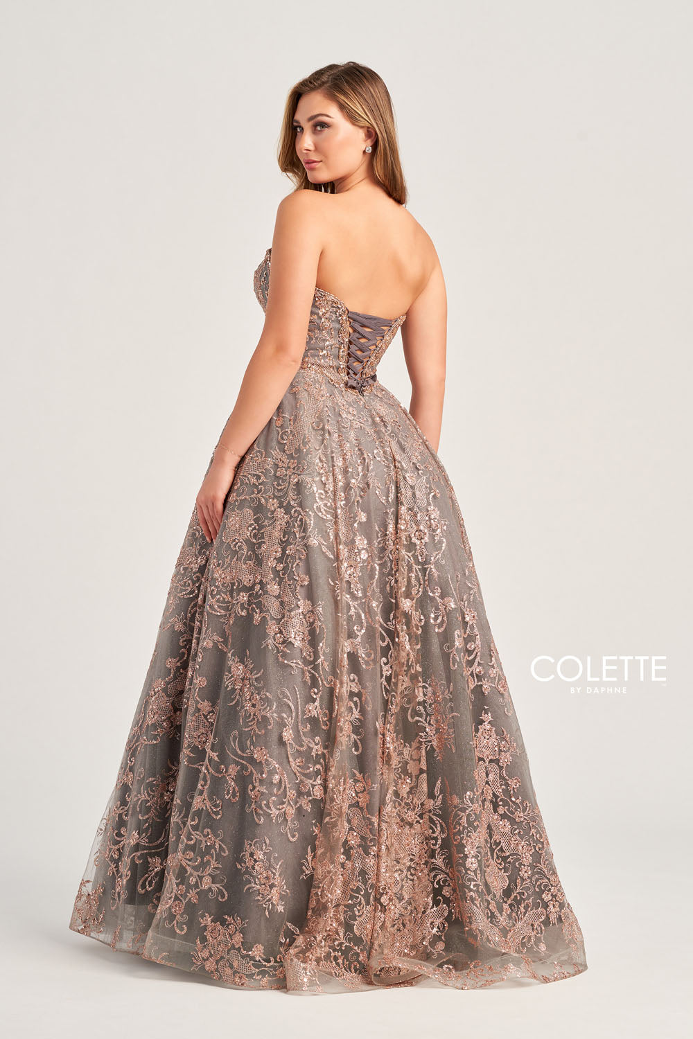 Colette CL5101 prom dress images.  Colette CL5101 is available in these colors: Navy Gold, Gold Pewter, Gold White, Fuchsia Gold, Turquoise Gold.