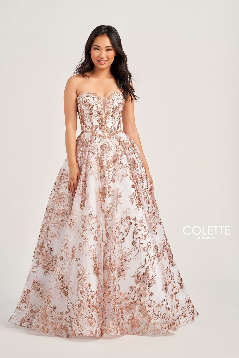 Colette CL5101 prom dress images.  Colette CL5101 is available in these colors: Navy Gold, Gold Pewter, Gold White, Fuchsia Gold, Turquoise Gold.