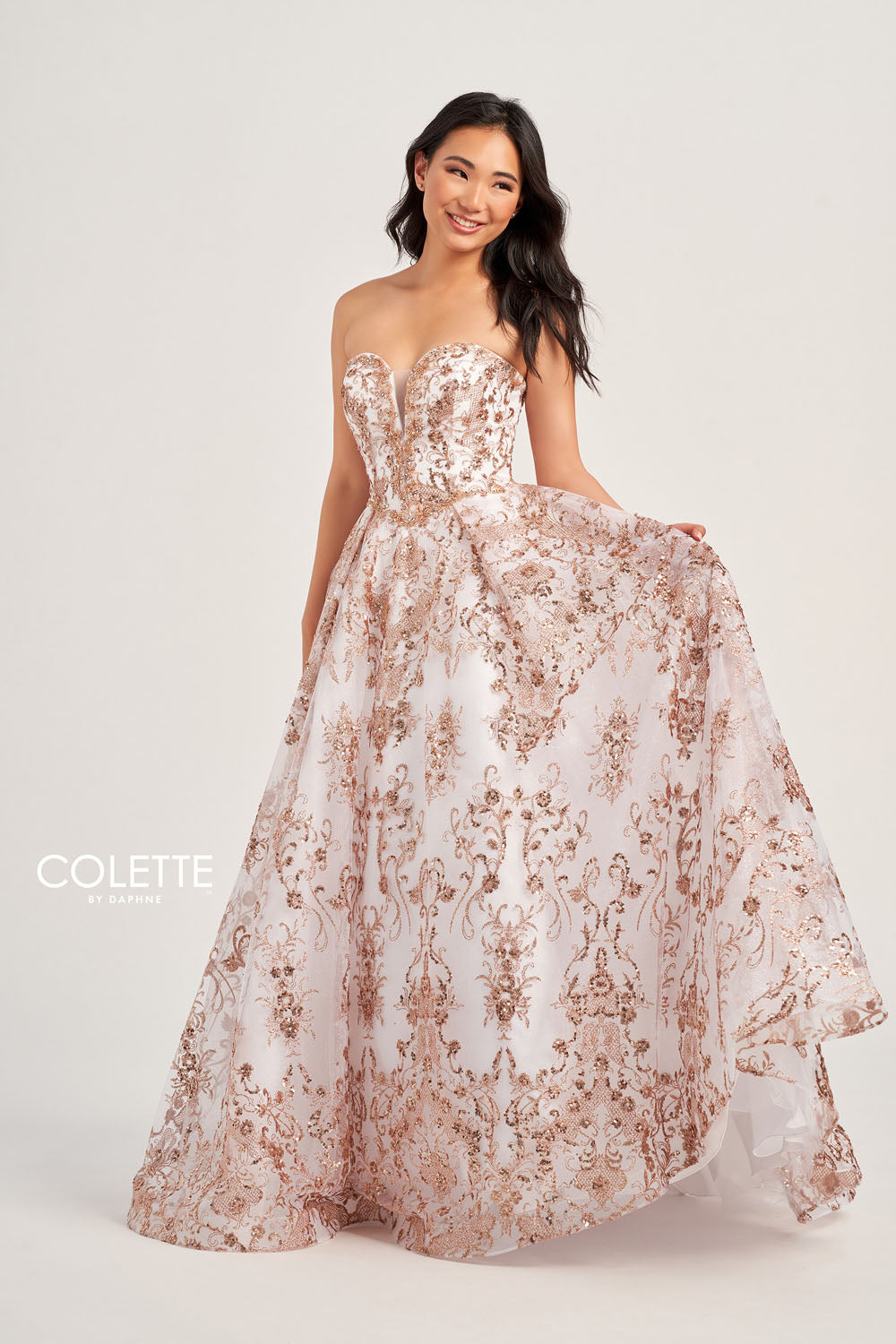 Colette CL5101 prom dress images.  Colette CL5101 is available in these colors: Navy Gold, Gold Pewter, Gold White, Fuchsia Gold, Turquoise Gold.