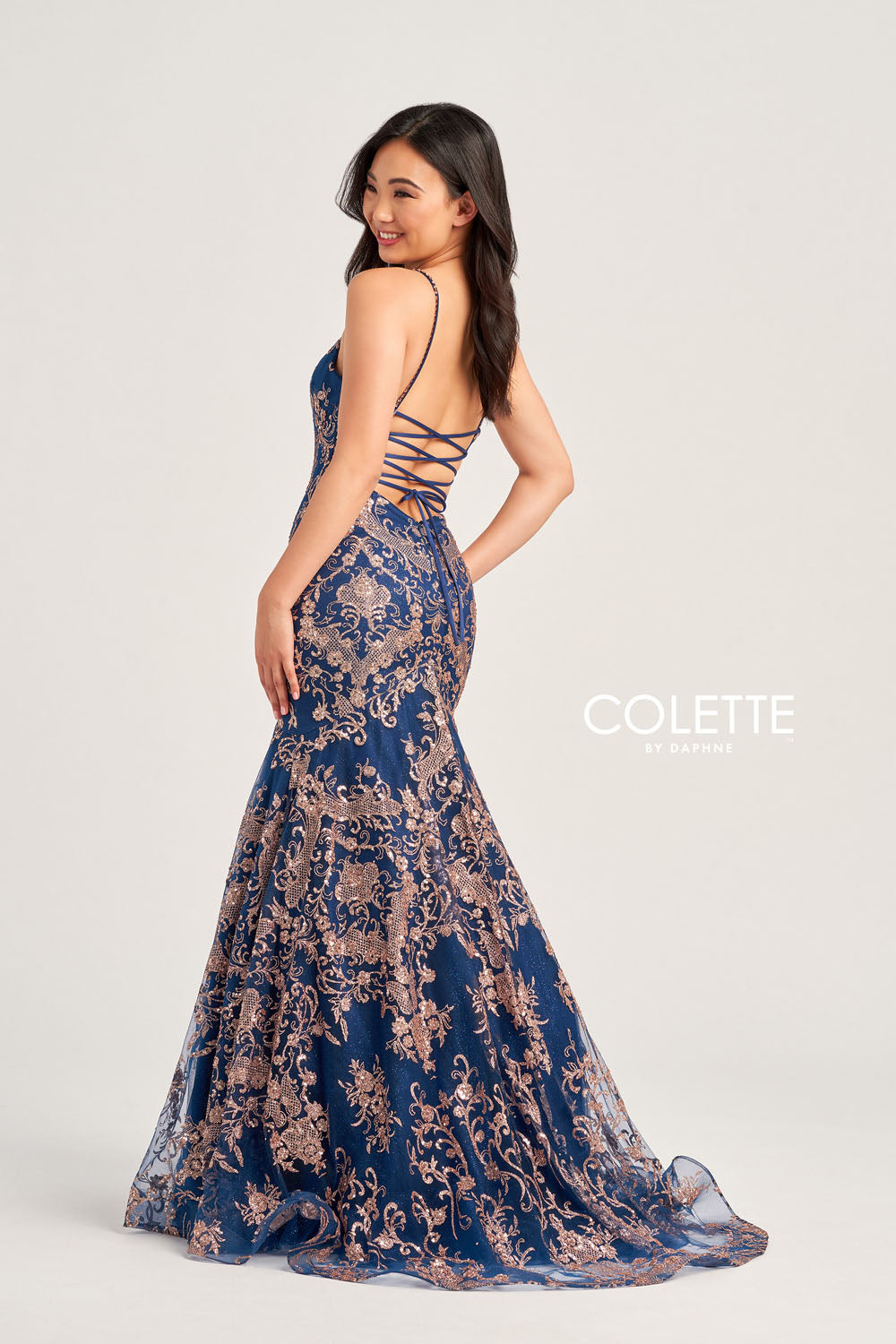 Colette CL5105 prom dress images.  Colette CL5105 is available in these colors: Navy Blue Gold, Red, Gold Pewter.