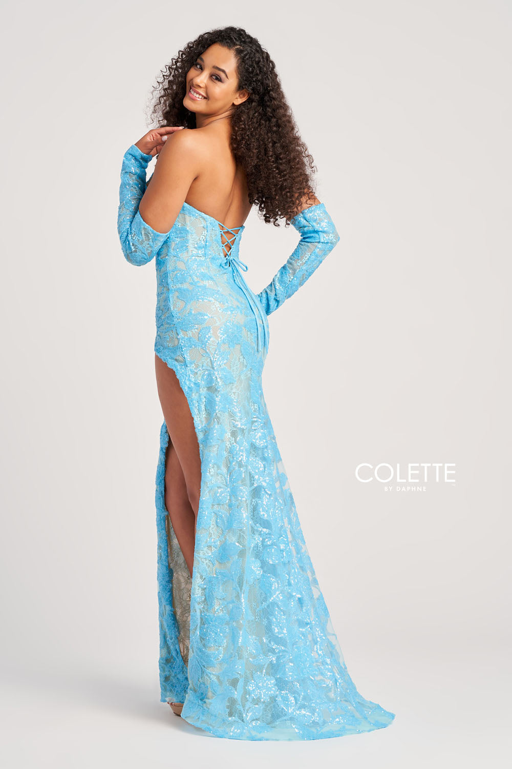 Colette CL5107 prom dress images.  Colette CL5107 is available in these colors: Turquoise Nude, Fuchsia Nude, Light Pink Nude, Champagne , Black Multi Nude.